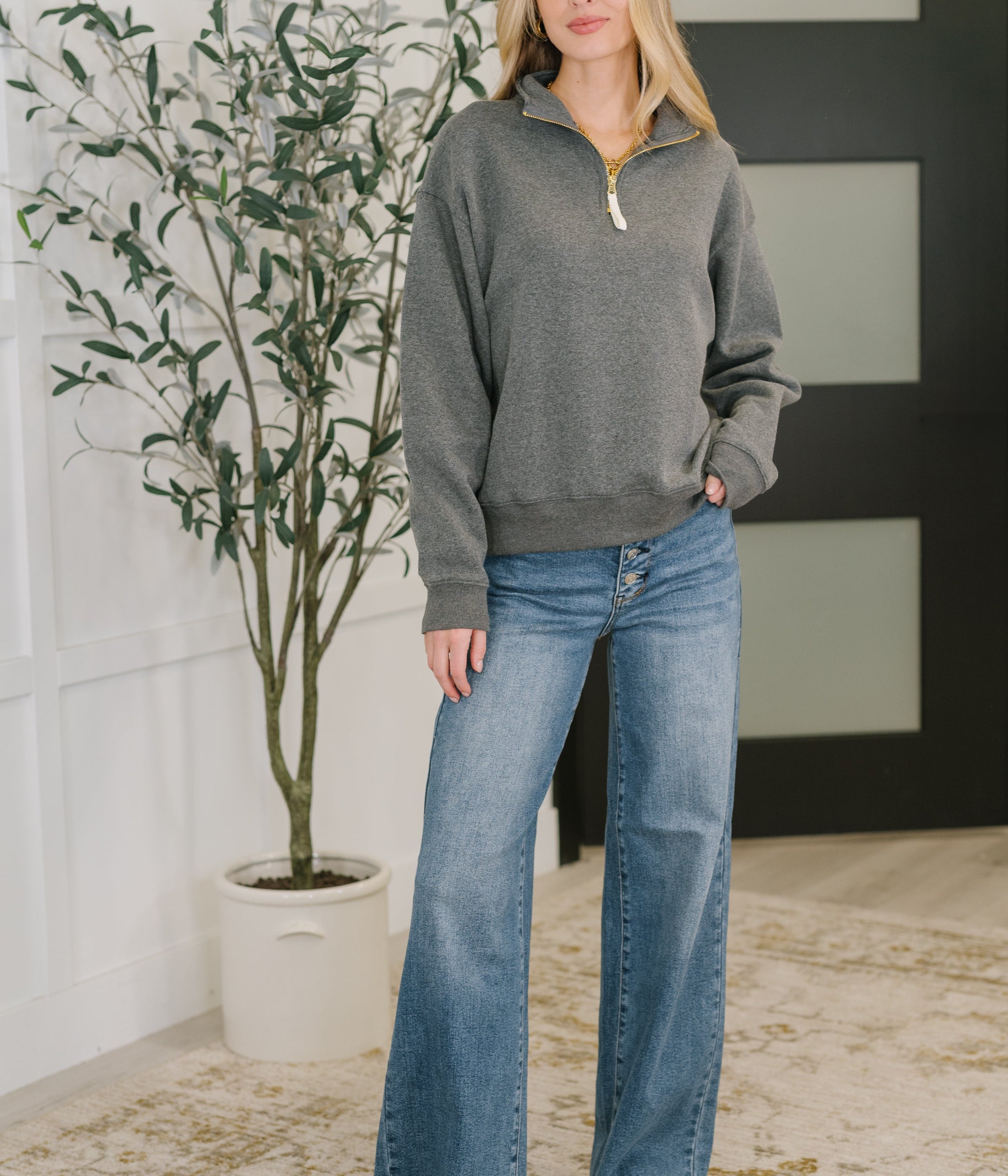 Sweater Weather Half Zip High Neck Pullover in Charcoal Womens Ave Shops- Tilden Co.