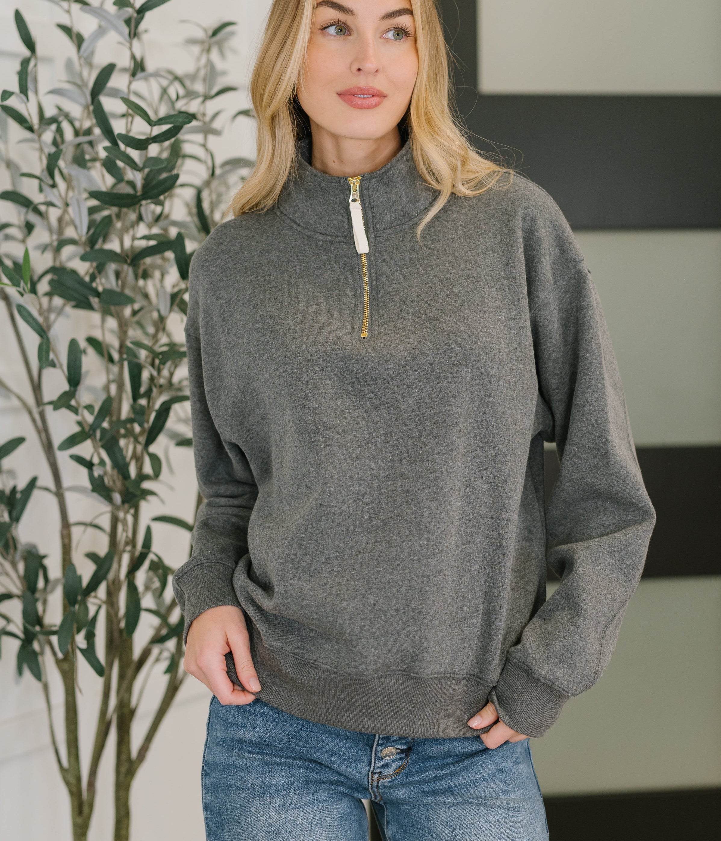 Sweater Weather Half Zip High Neck Pullover in Charcoal Womens Ave Shops- Tilden Co.