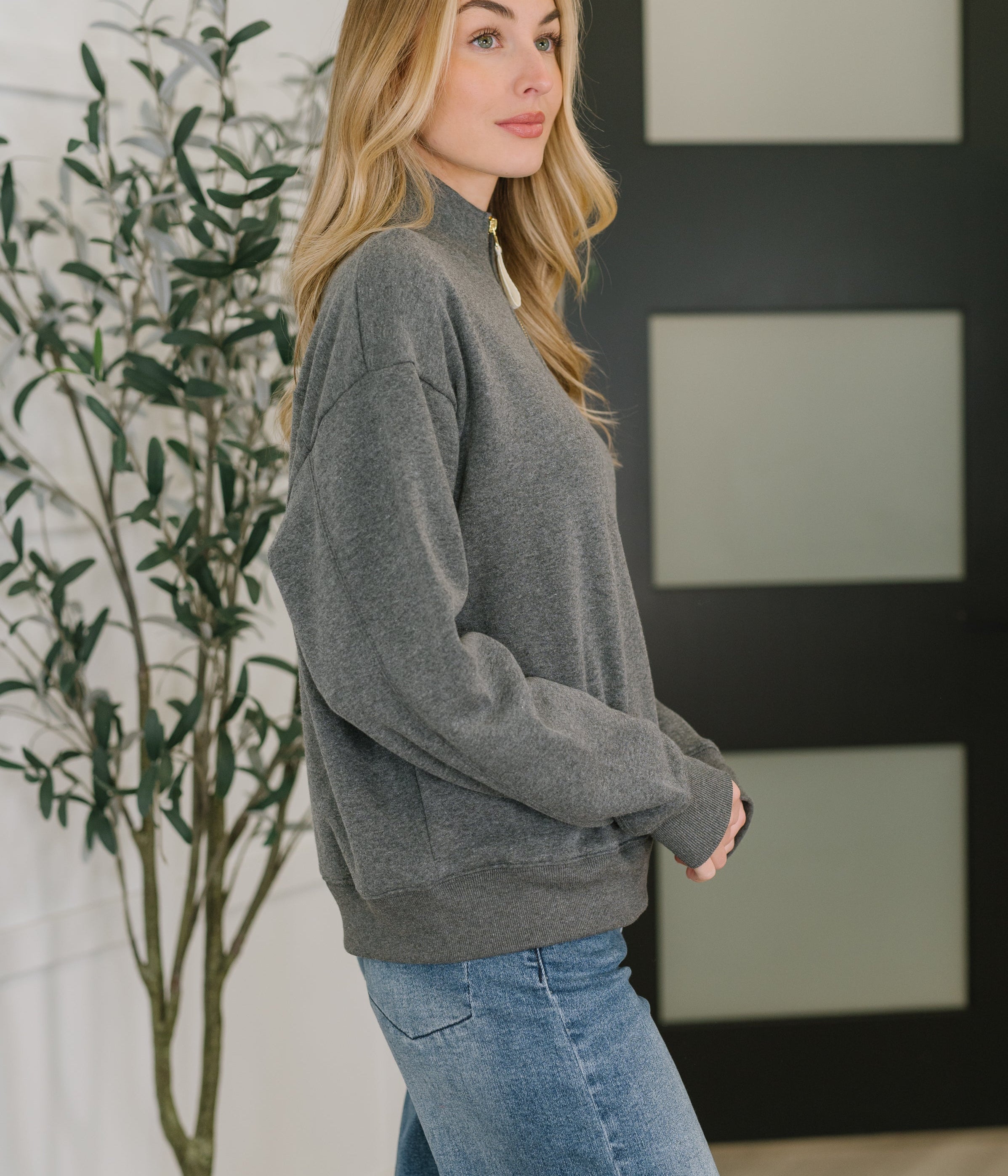 Sweater Weather Half Zip High Neck Pullover in Charcoal Womens Ave Shops- Tilden Co.