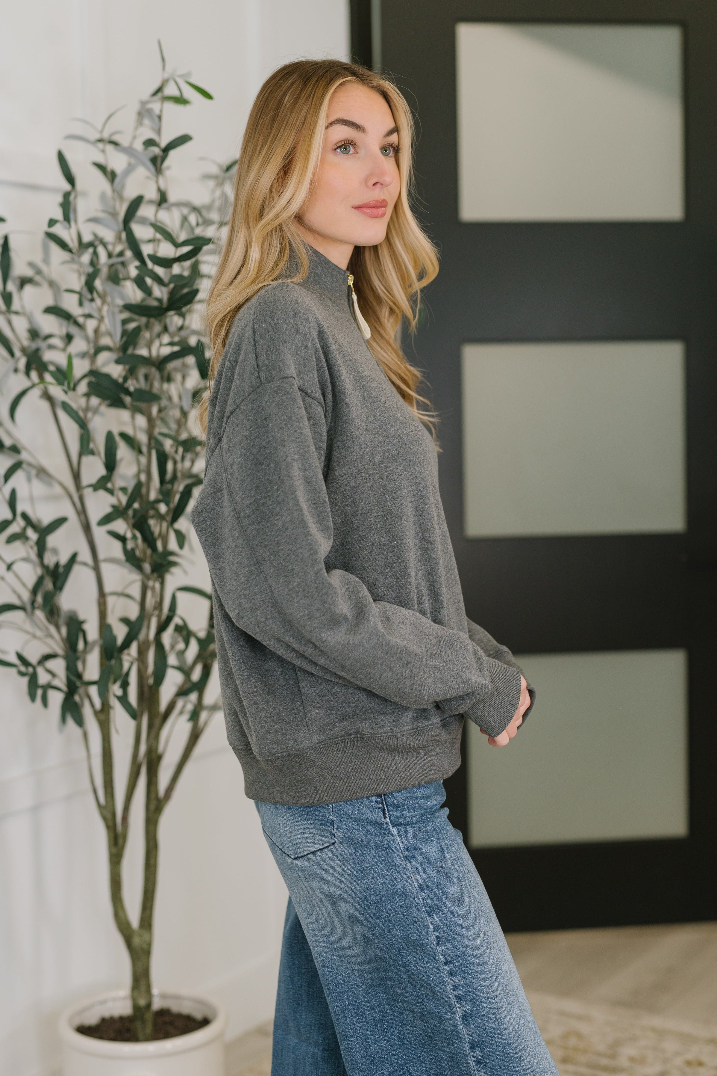 Sweater Weather Half Zip High Neck Pullover in Charcoal Womens Ave Shops- Tilden Co.