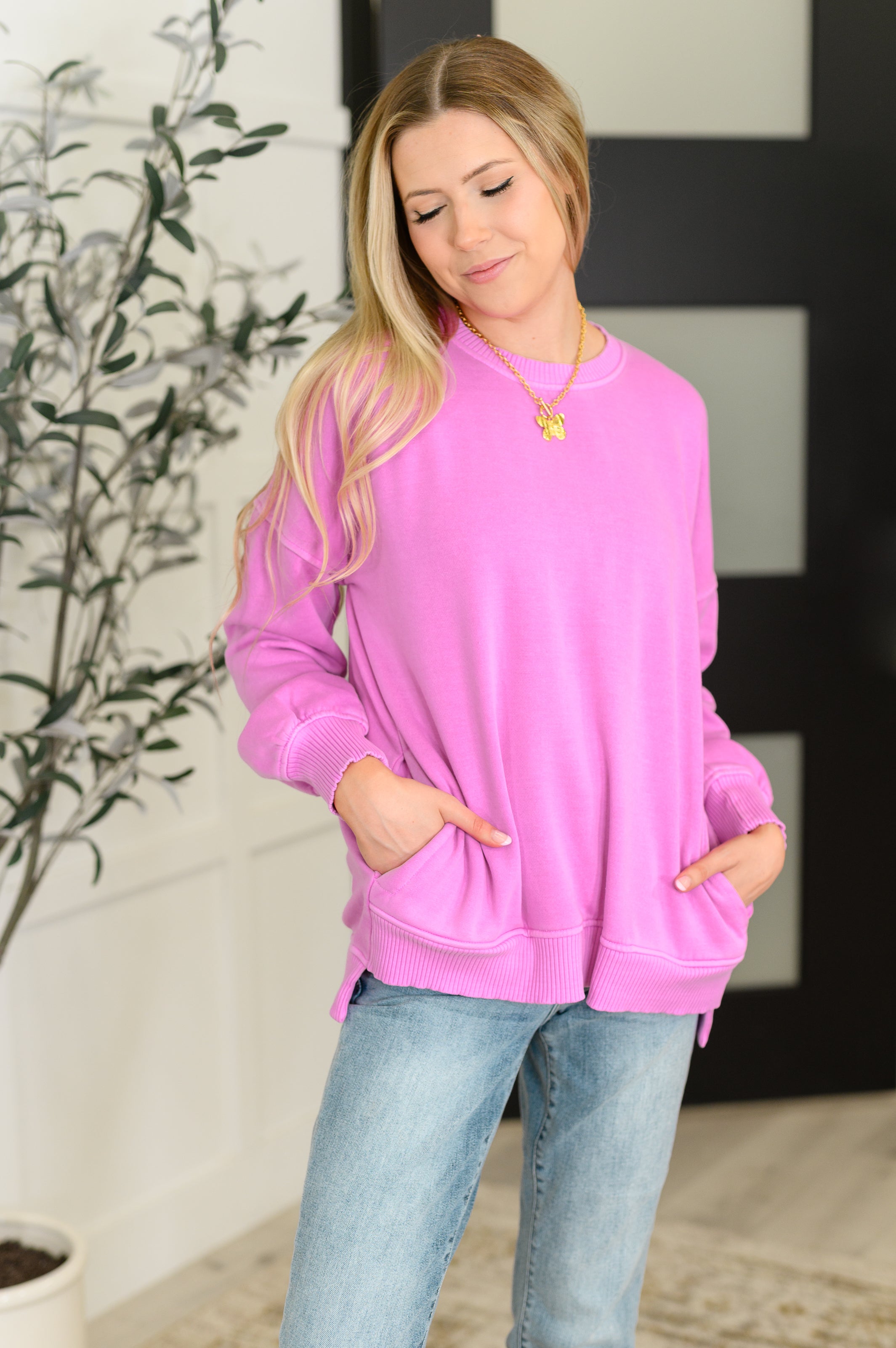 Talk Cozy to Me Stepped Hem Pullover in Bright Mauve Womens Ave Shops- Tilden Co.