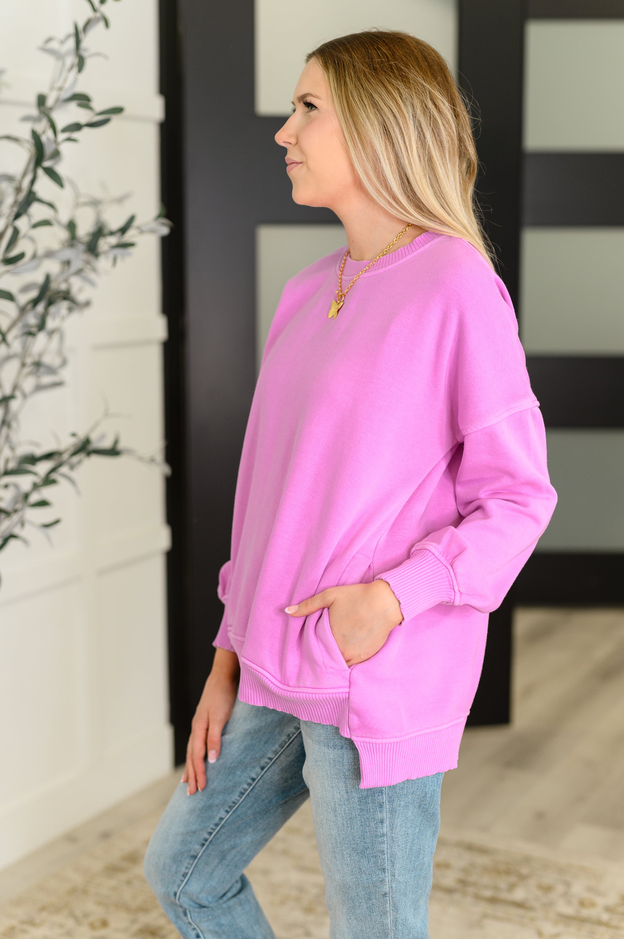 Talk Cozy to Me Stepped Hem Pullover in Bright Mauve Womens Ave Shops- Tilden Co.