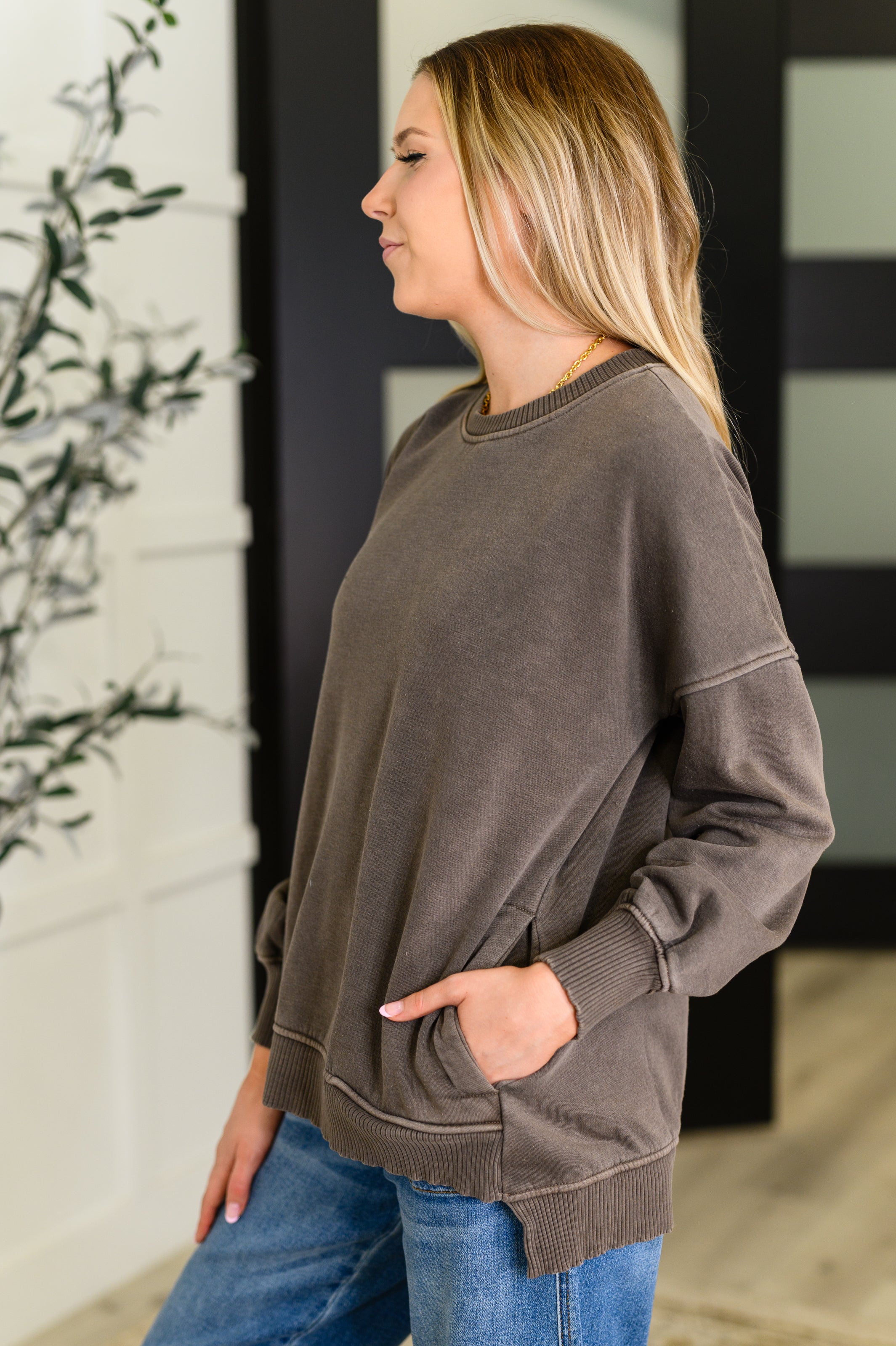 Talk Cozy to Me Stepped Hem Pullover in Brown Womens Ave Shops- Tilden Co.