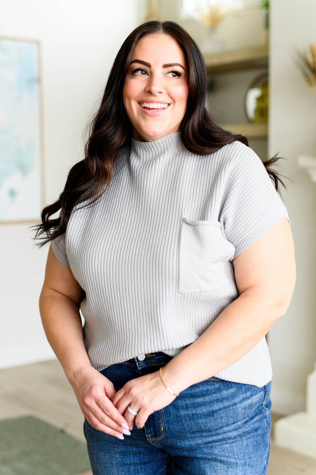 This Little Life Mock Neck Short Sleeve Sweater in Grey Tops Ave Shops- Tilden Co.