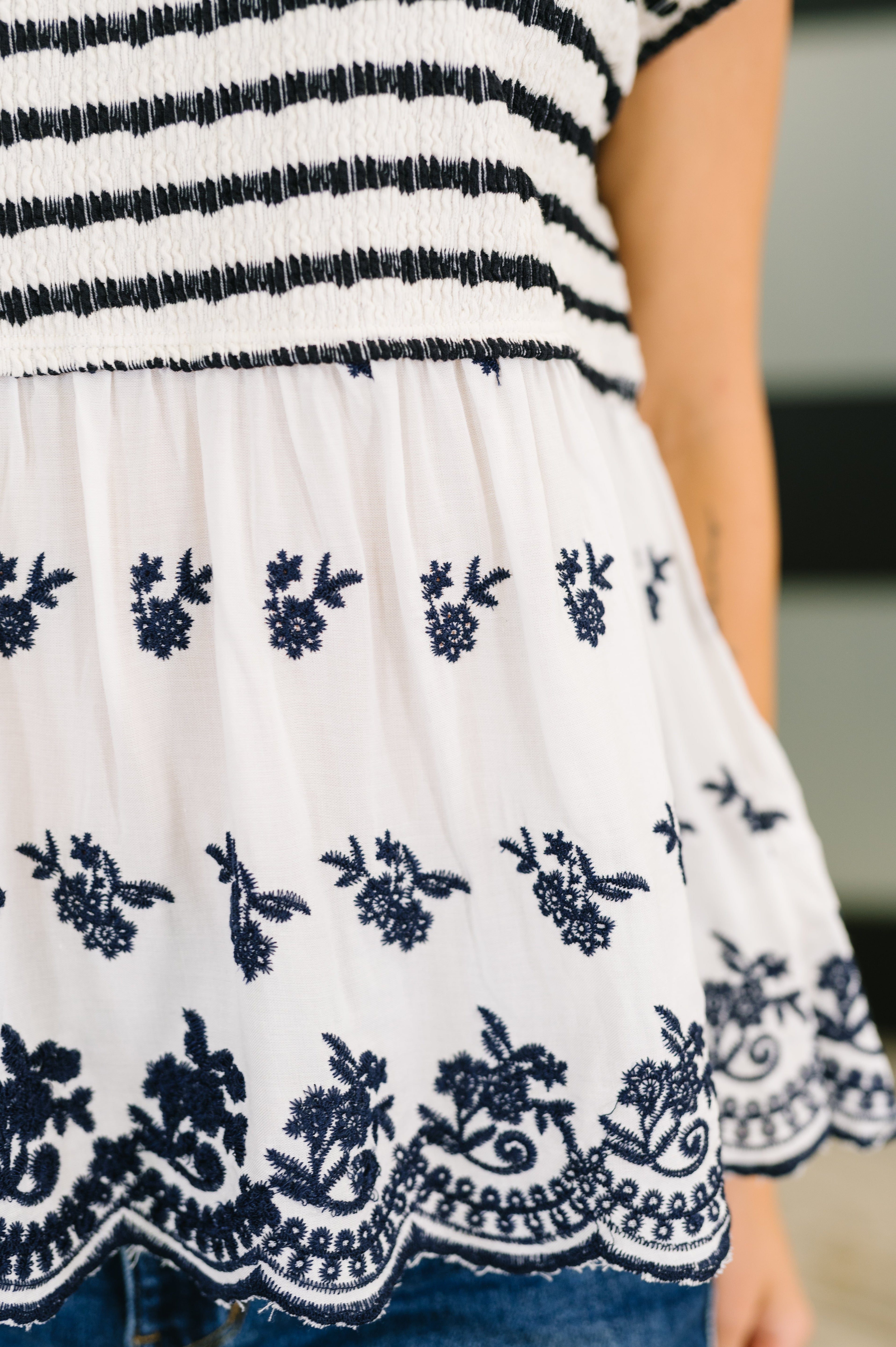 Too Sweet to Share Scalloped Hem Blouse in Ivory and Navy Womens Ave Shops- Tilden Co.