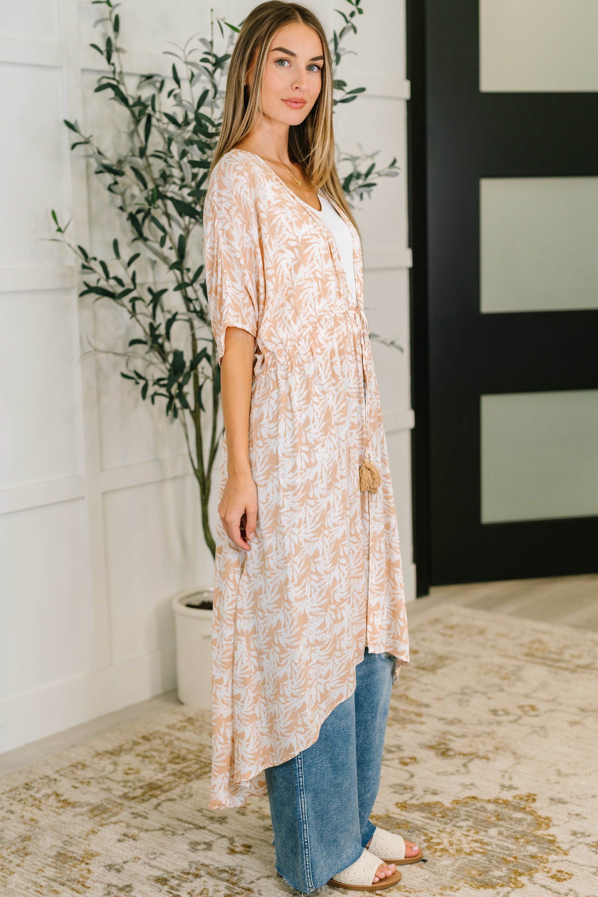 Tropical Print Gauze Kimono with Elastic Waist Tie in Milk Tea Womens Ave Shops- Tilden Co.