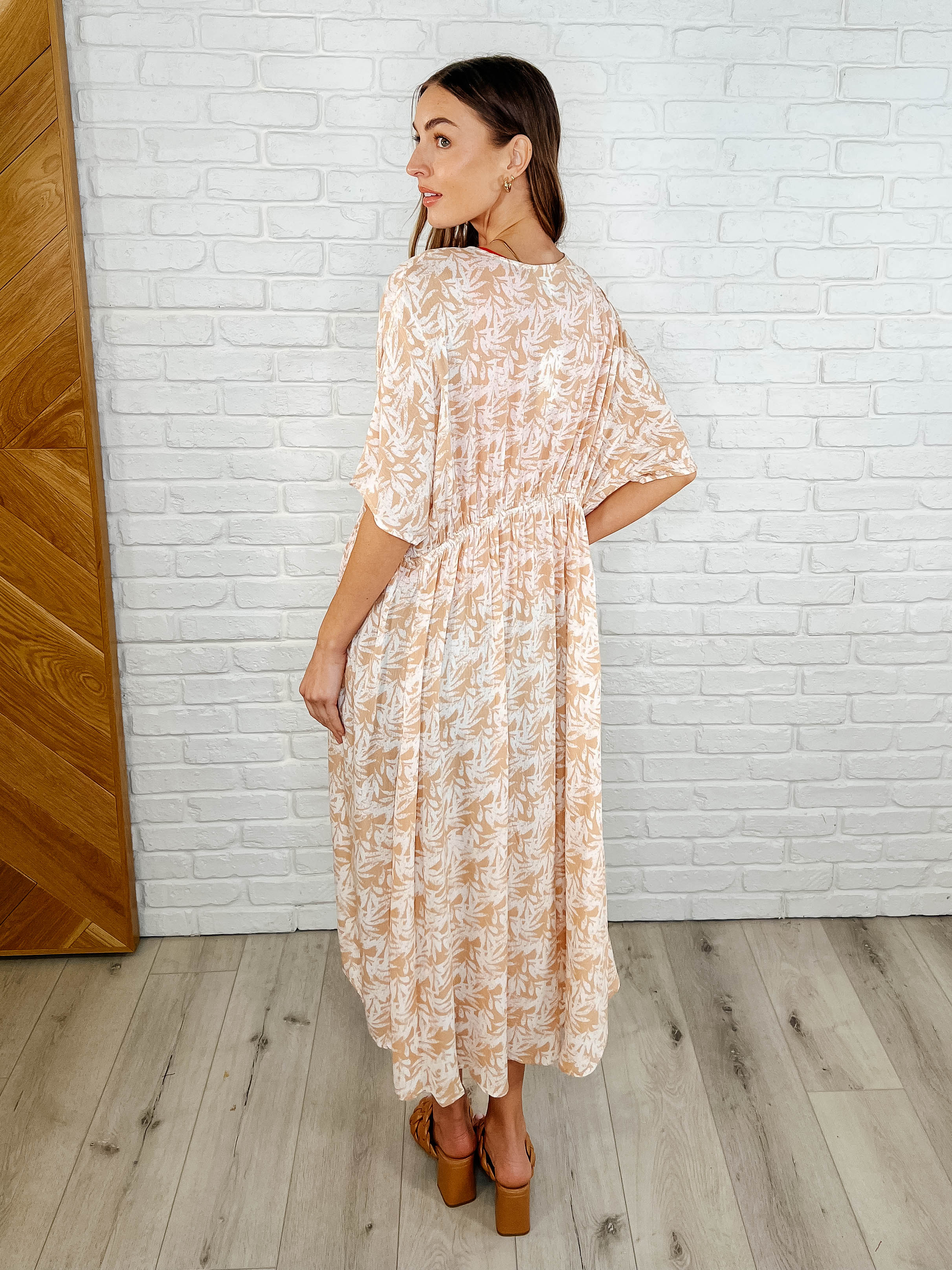 Tropical Print Gauze Kimono with Elastic Waist Tie in Milk Tea Womens Ave Shops- Tilden Co.
