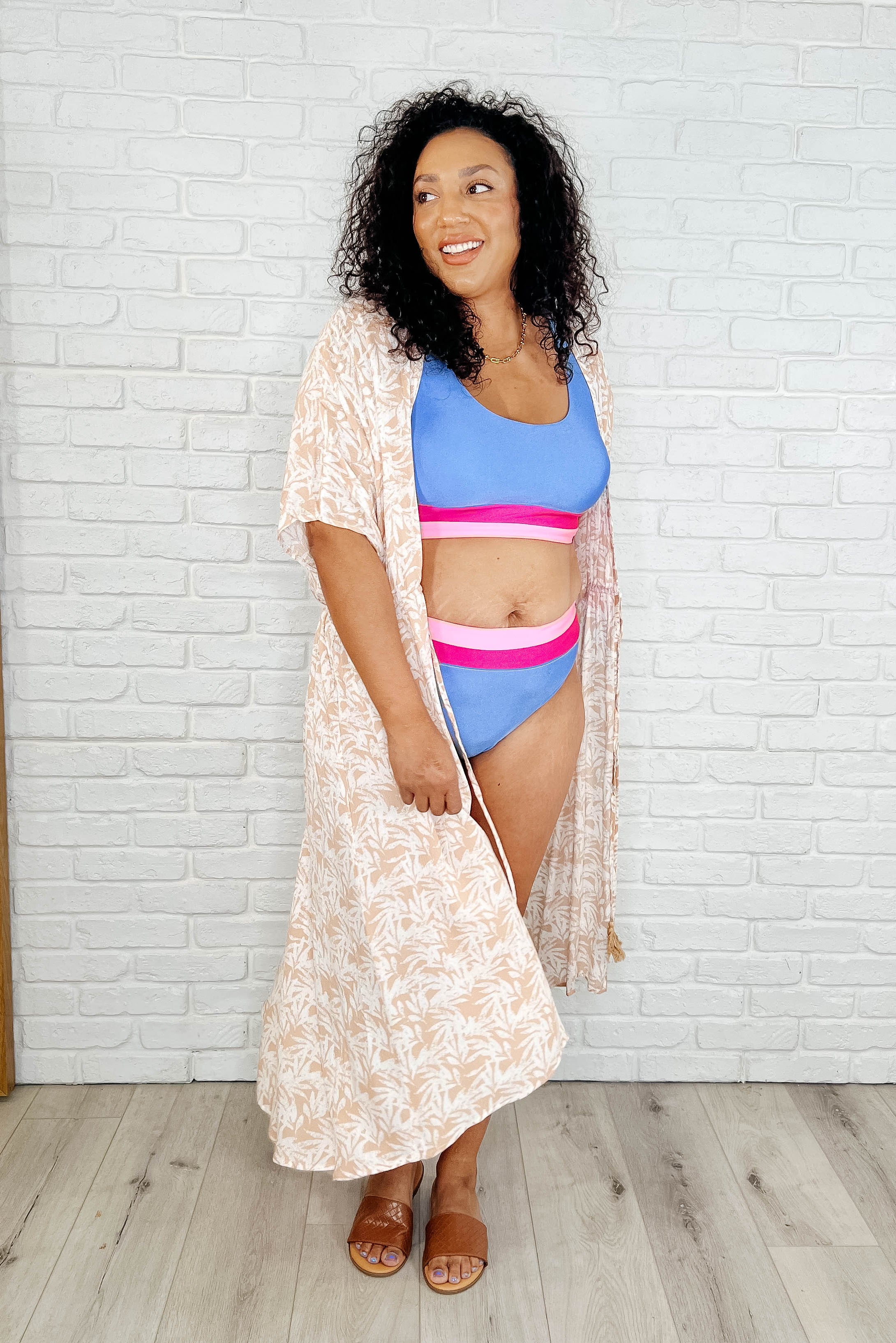 Tropical Print Gauze Kimono with Elastic Waist Tie in Milk Tea Womens Ave Shops- Tilden Co.