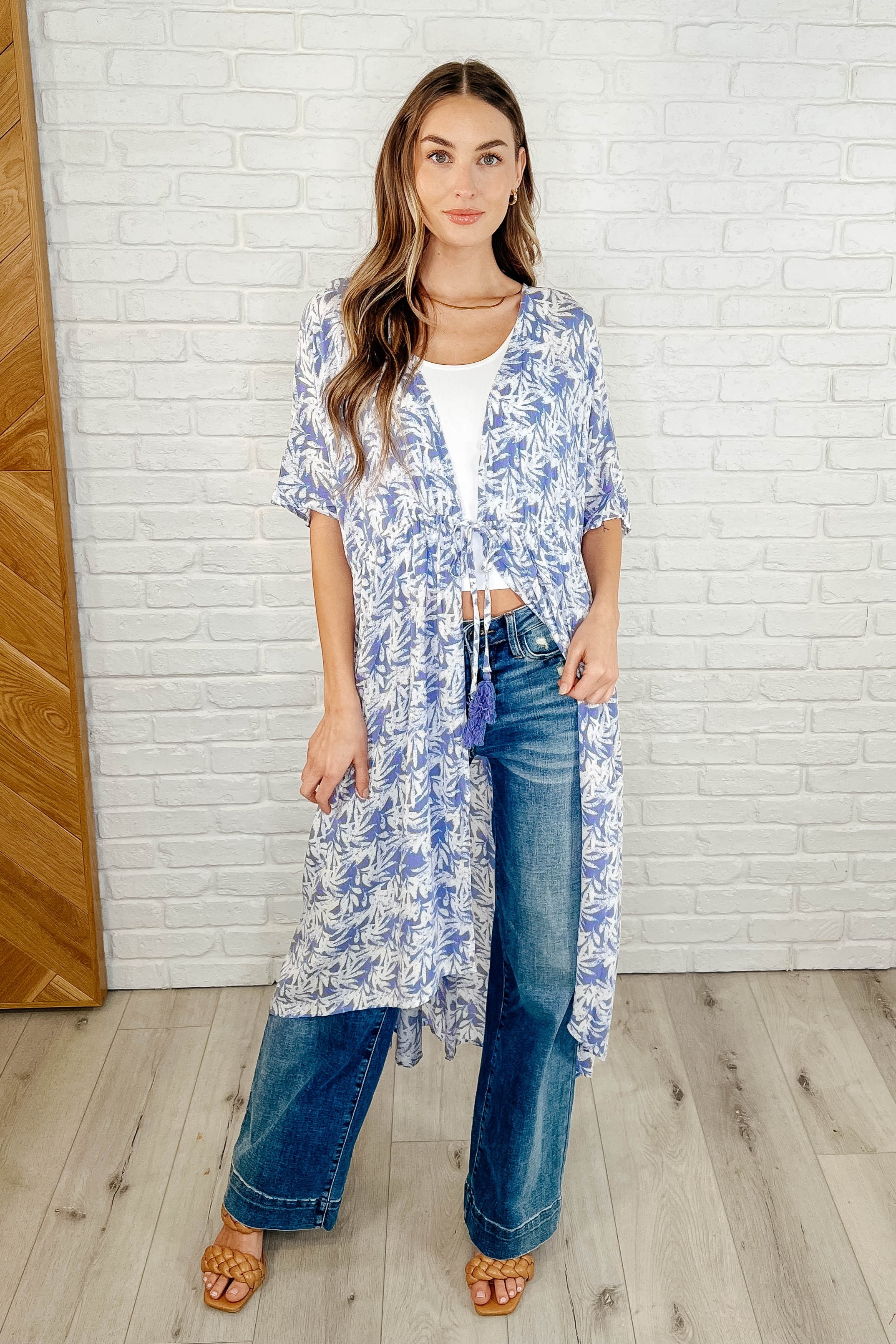 Tropical Print Gauze Kimono with Elastic Waist Tie in Periwinkle Womens Ave Shops- Tilden Co.