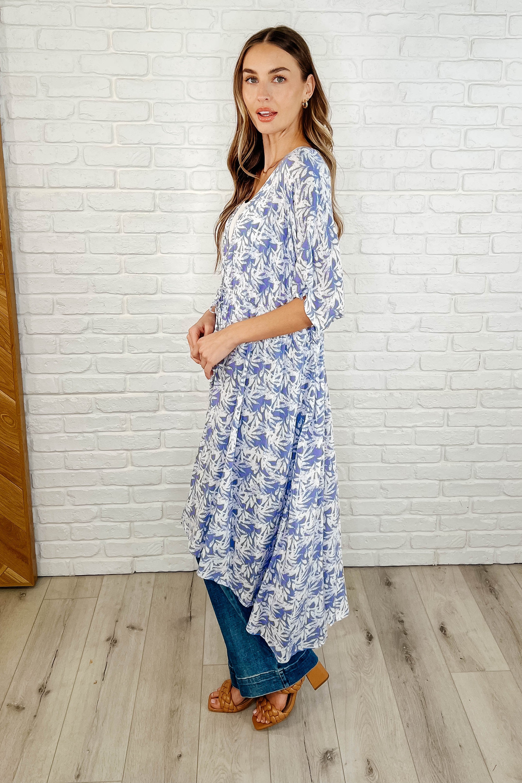 Tropical Print Gauze Kimono with Elastic Waist Tie in Periwinkle Womens Ave Shops- Tilden Co.