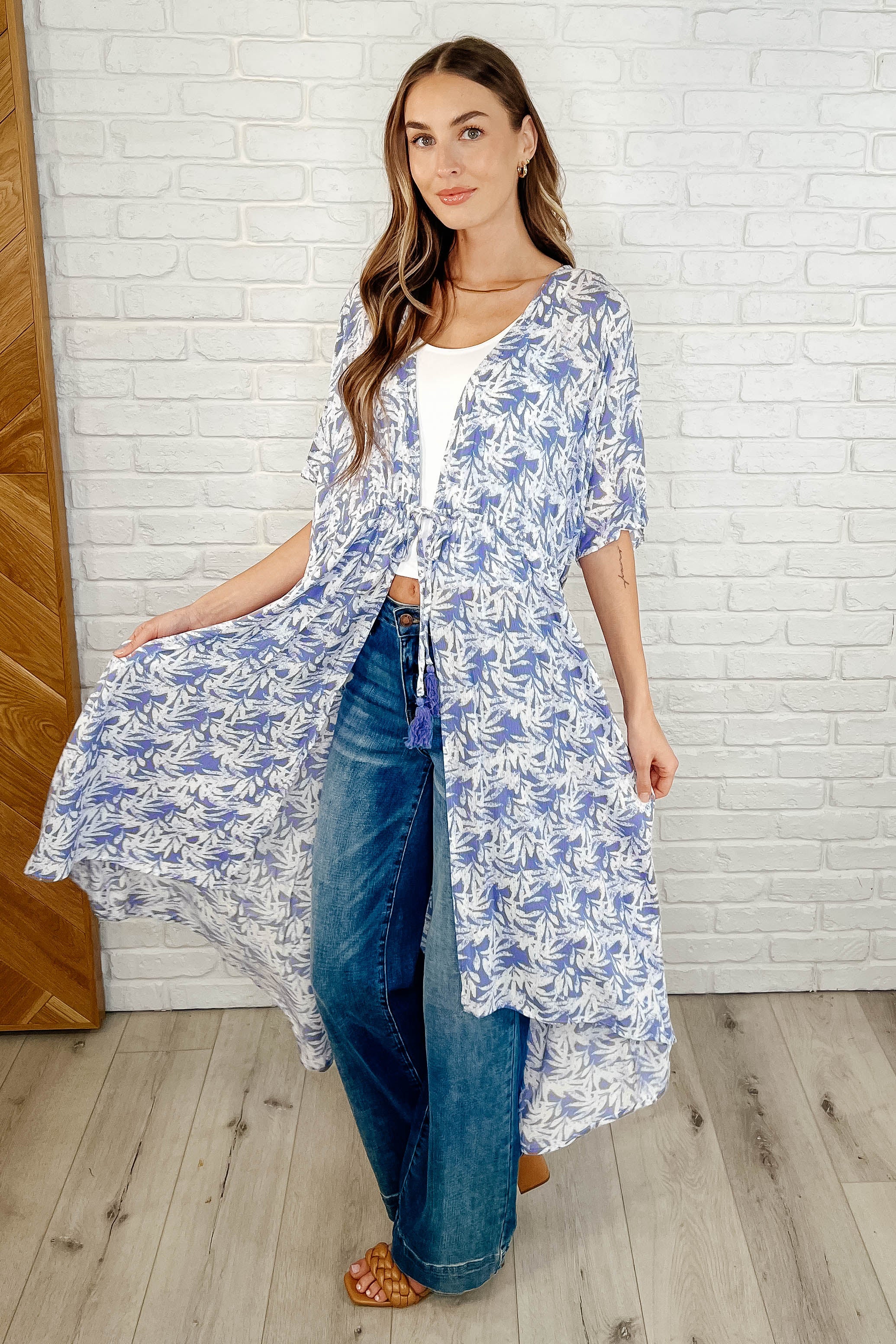 Tropical Print Gauze Kimono with Elastic Waist Tie in Periwinkle Womens Ave Shops- Tilden Co.