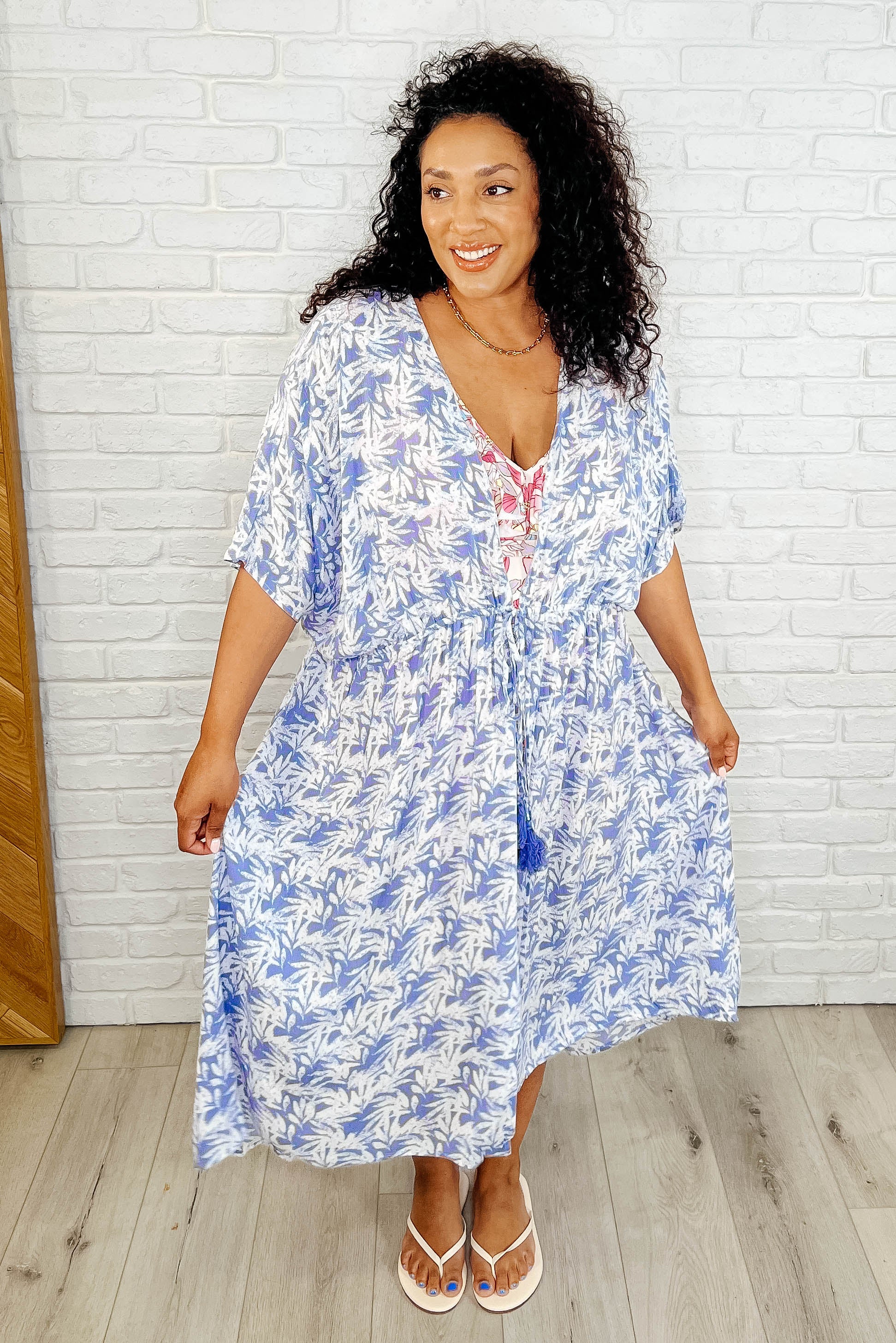 Tropical Print Gauze Kimono with Elastic Waist Tie in Periwinkle Womens Ave Shops- Tilden Co.