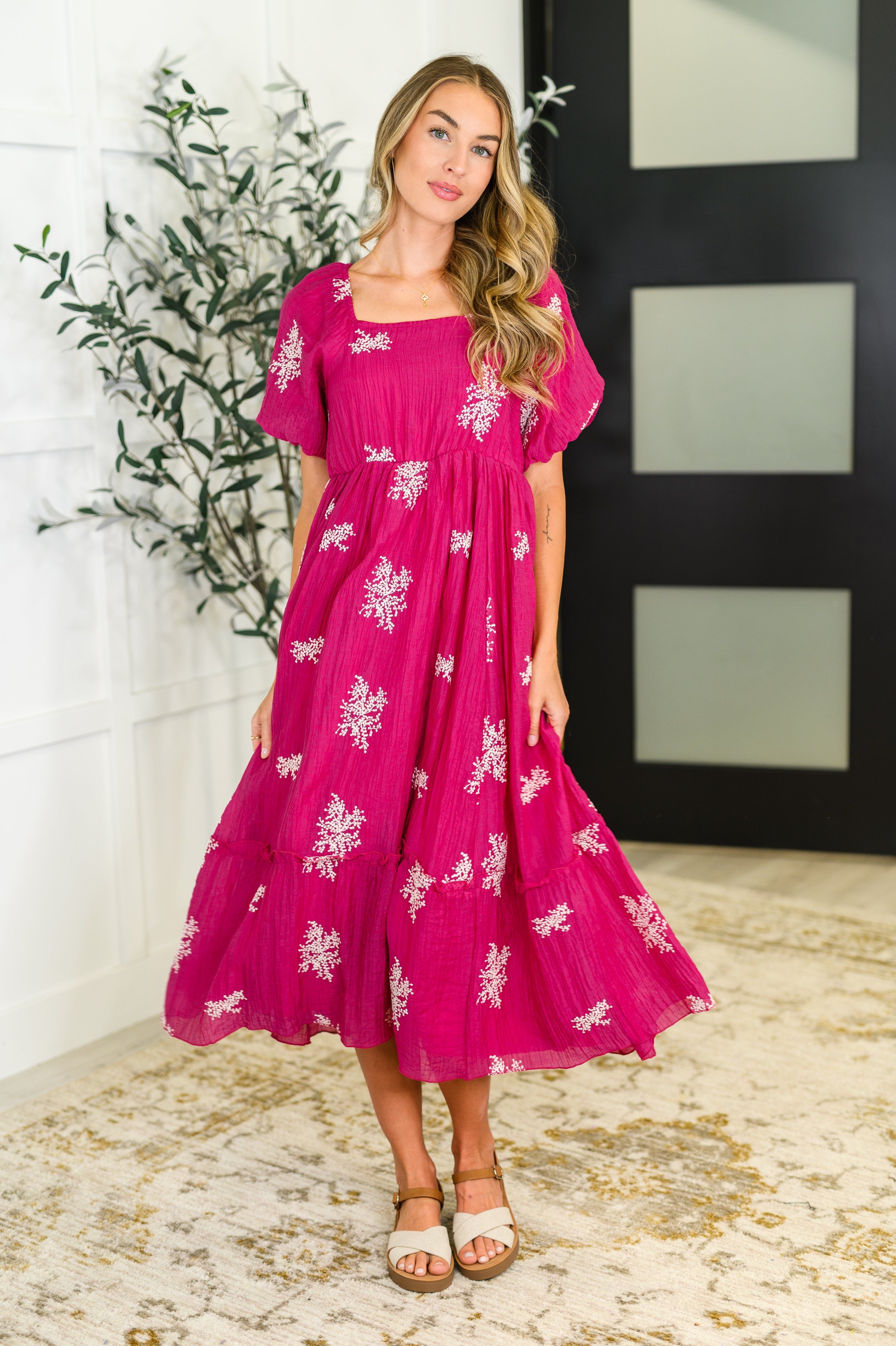 Twirl in Bloom Square Neck Dress in Hot Pink Knee Length Dress Ave Shops- Tilden Co.