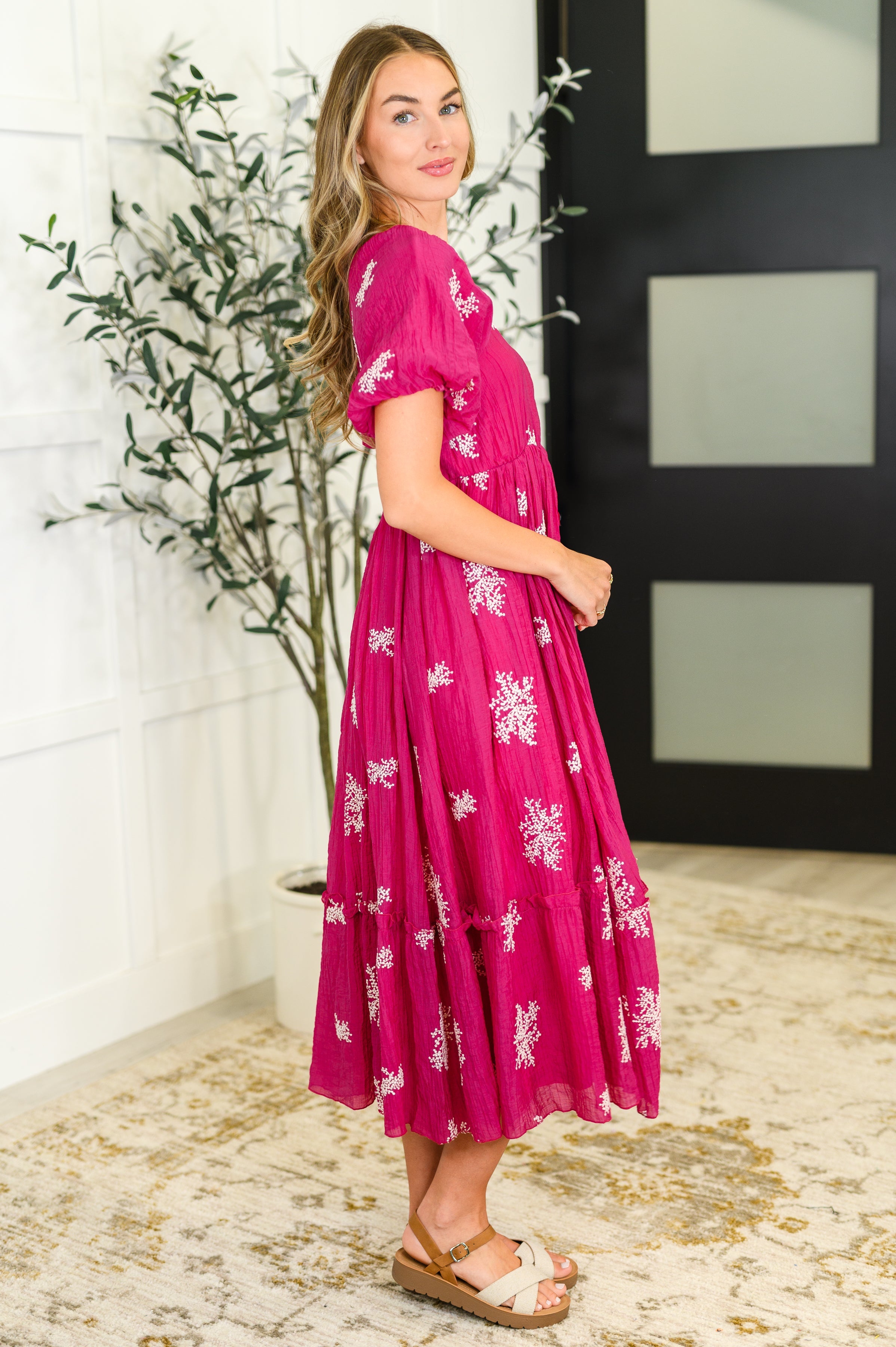 Twirl in Bloom Square Neck Dress in Hot Pink Knee Length Dress Ave Shops- Tilden Co.