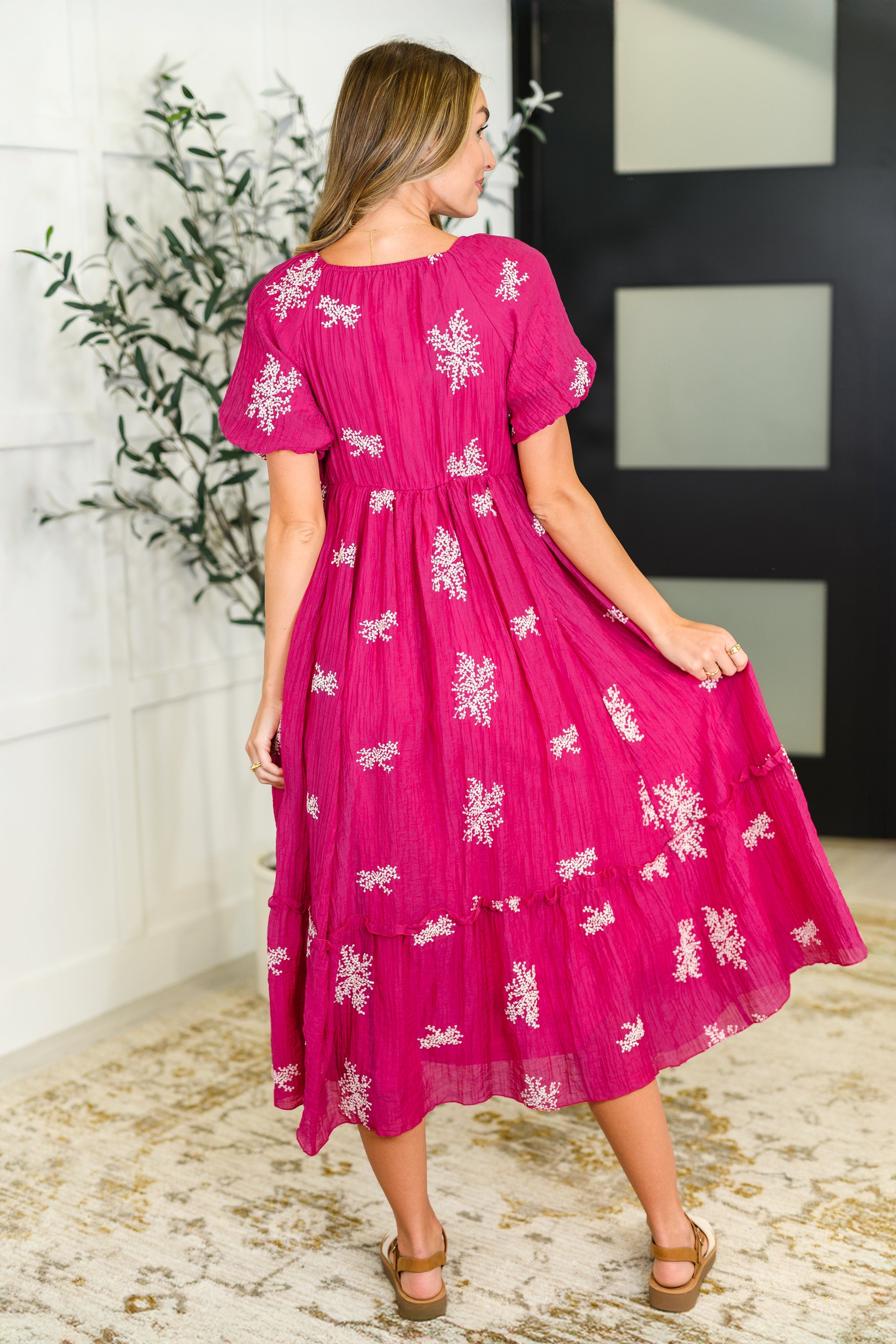 Twirl in Bloom Square Neck Dress in Hot Pink Knee Length Dress Ave Shops- Tilden Co.