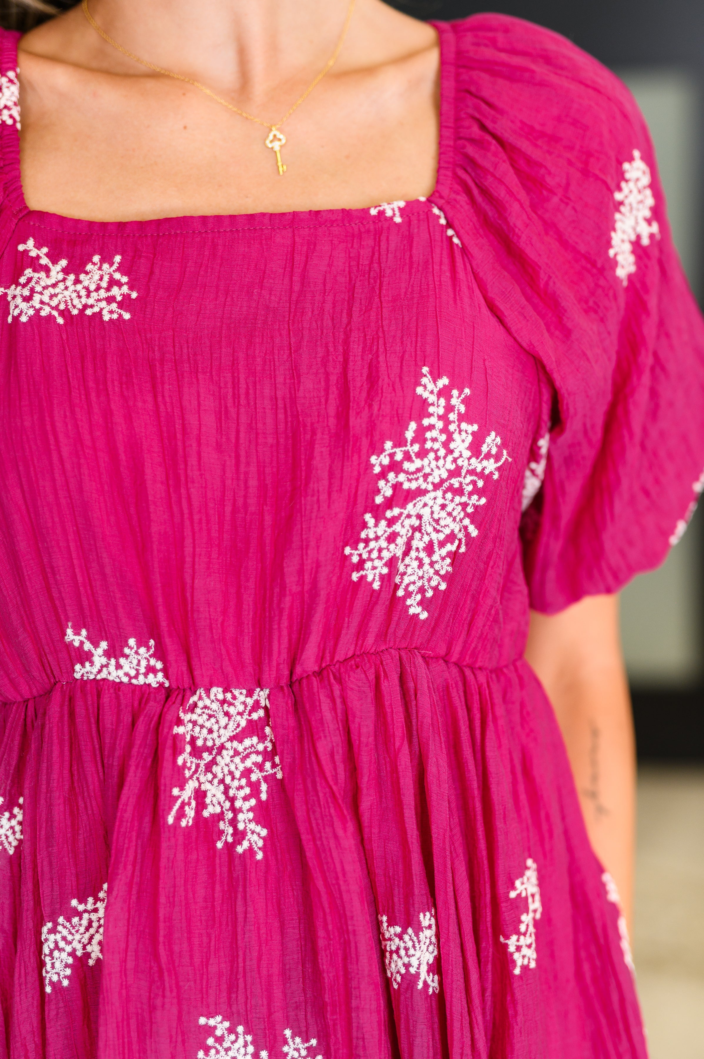 Twirl in Bloom Square Neck Dress in Hot Pink Knee Length Dress Ave Shops- Tilden Co.