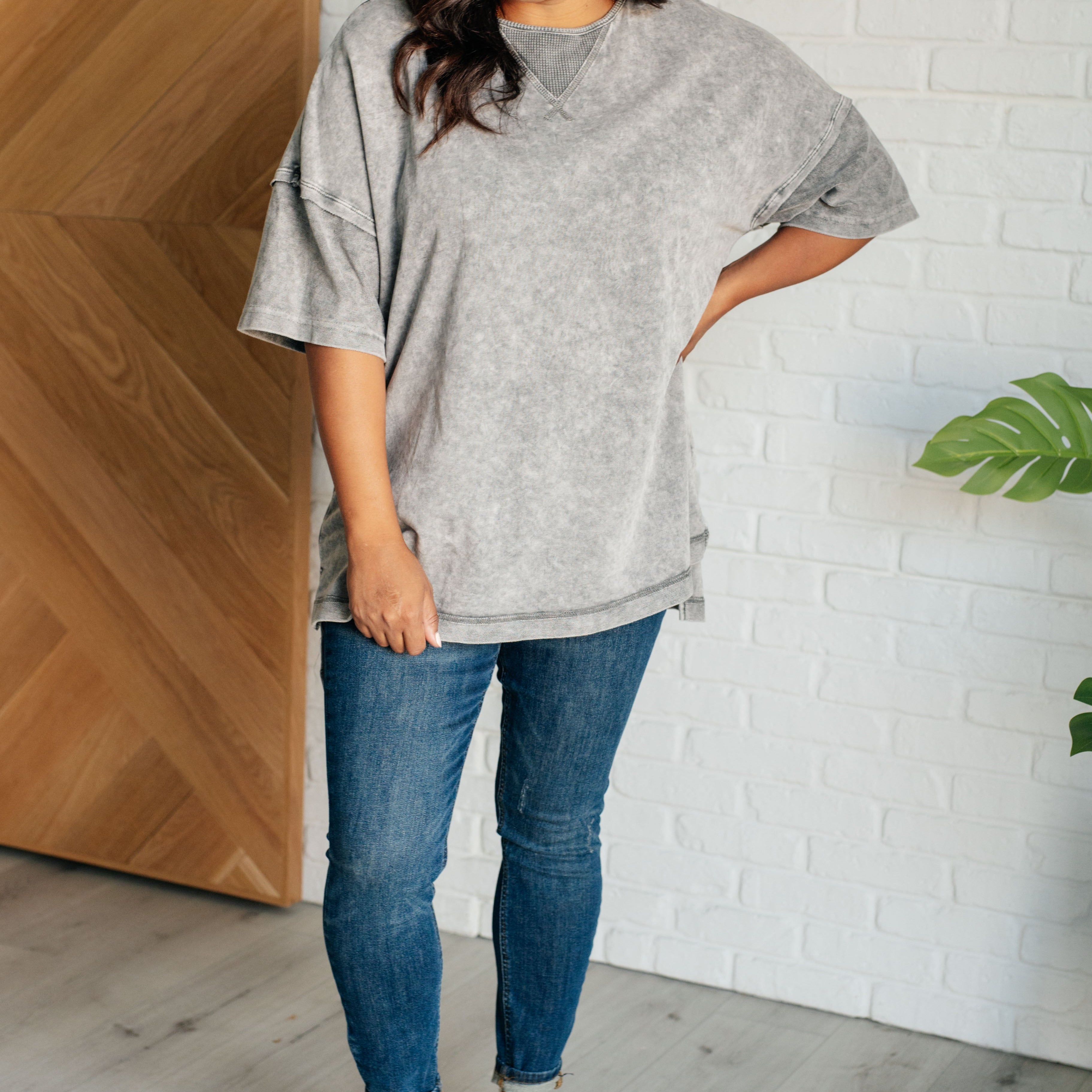 Unbothered Mineral Wash Top in Grey Tops Ave Shops- Tilden Co.