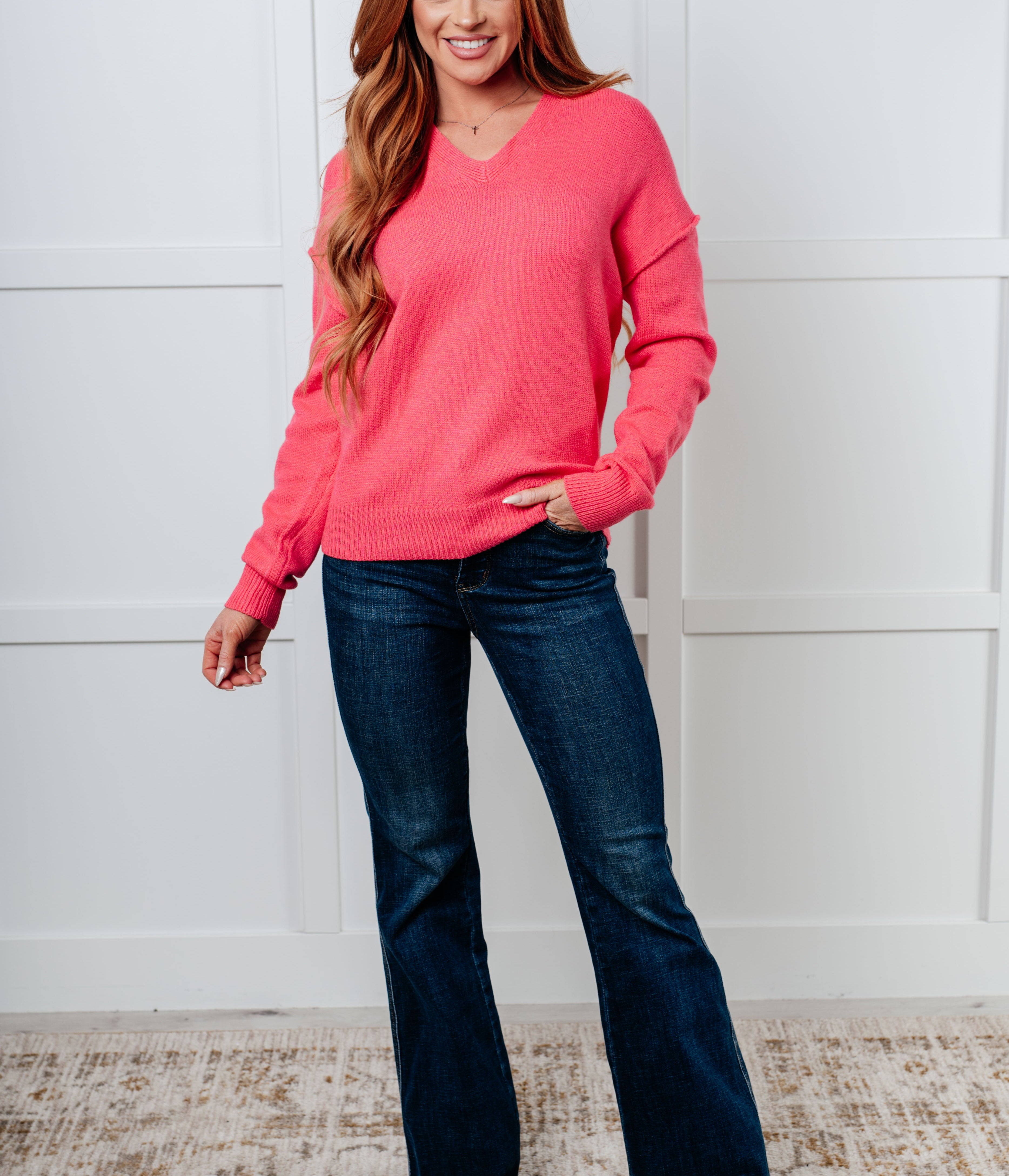 Very Understandable V-Neck Sweater in Pink Tops Ave Shops- Tilden Co.