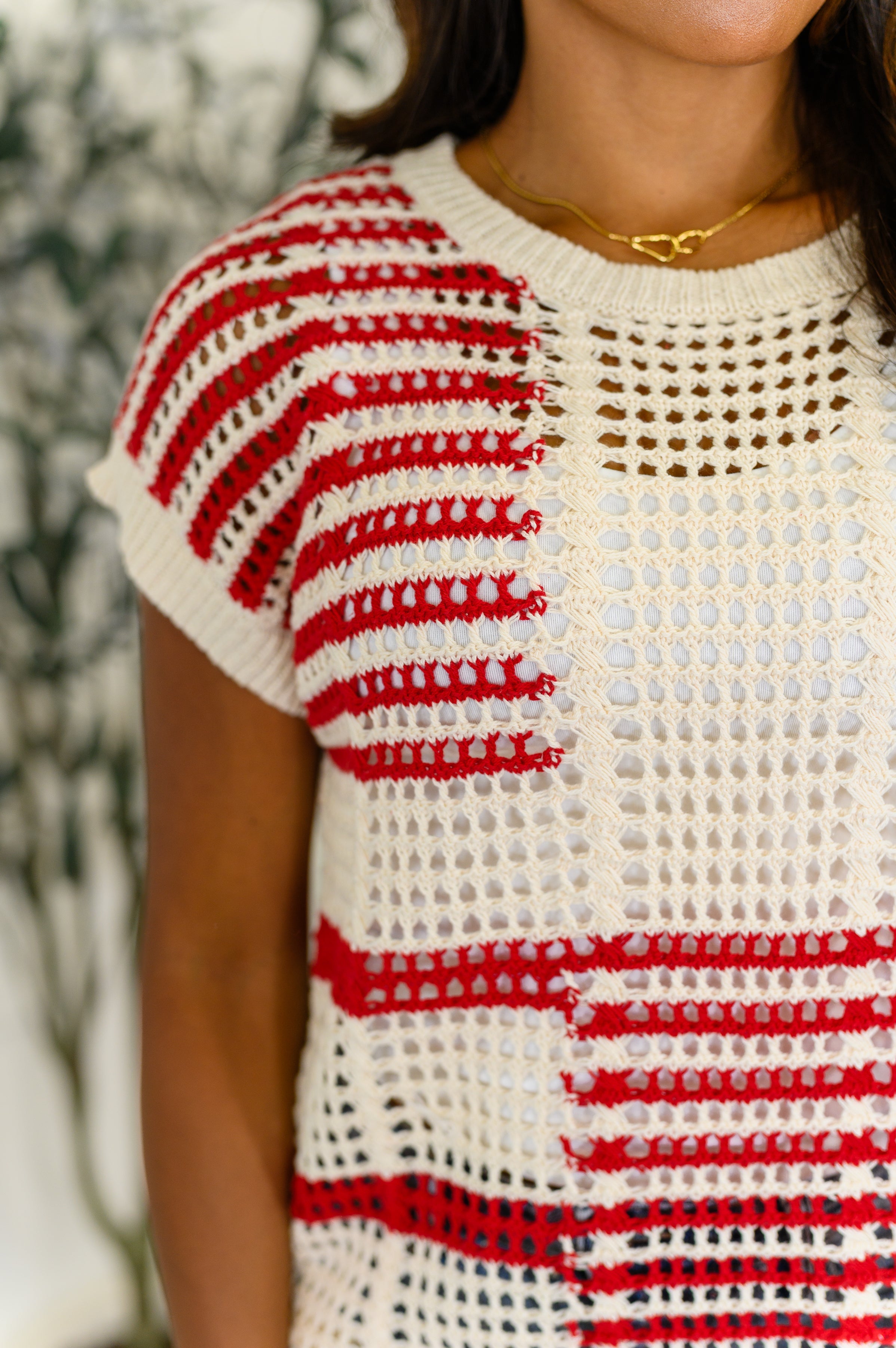 Vibes Don't Lie Net Tee Red Striped Womens Ave Shops- Tilden Co.