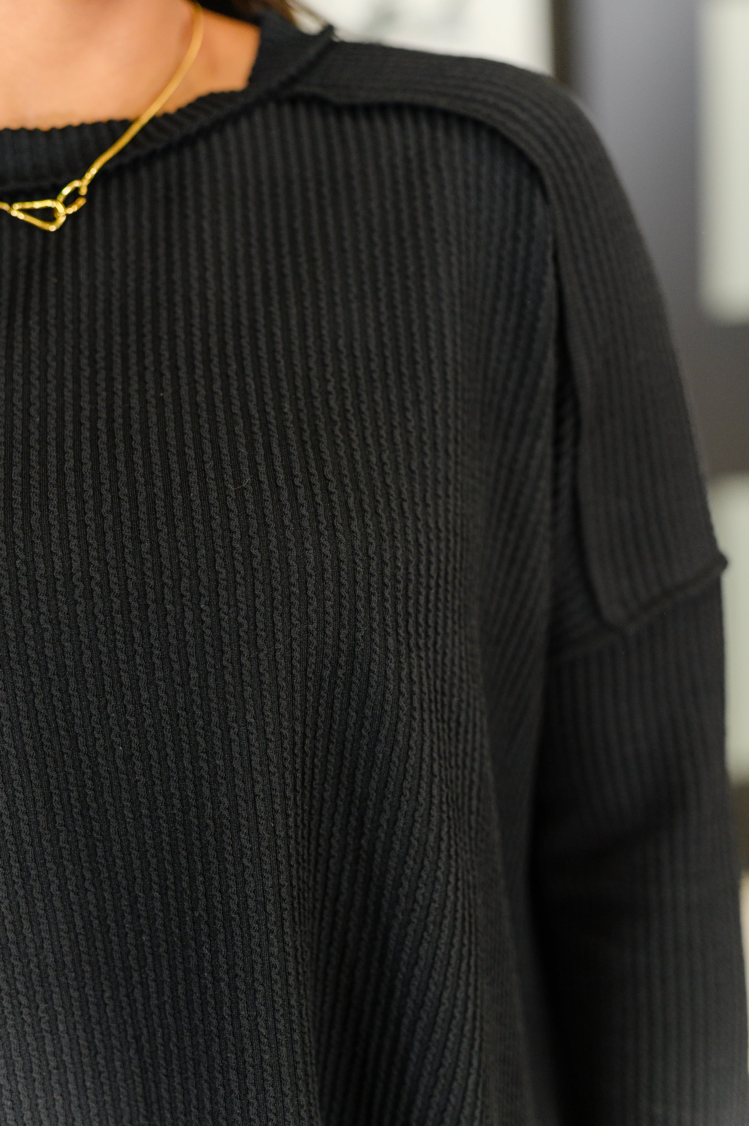 Wander & Rest Cable Ribbed Knit Drop Shoulder Top in Black Womens Ave Shops- Tilden Co.