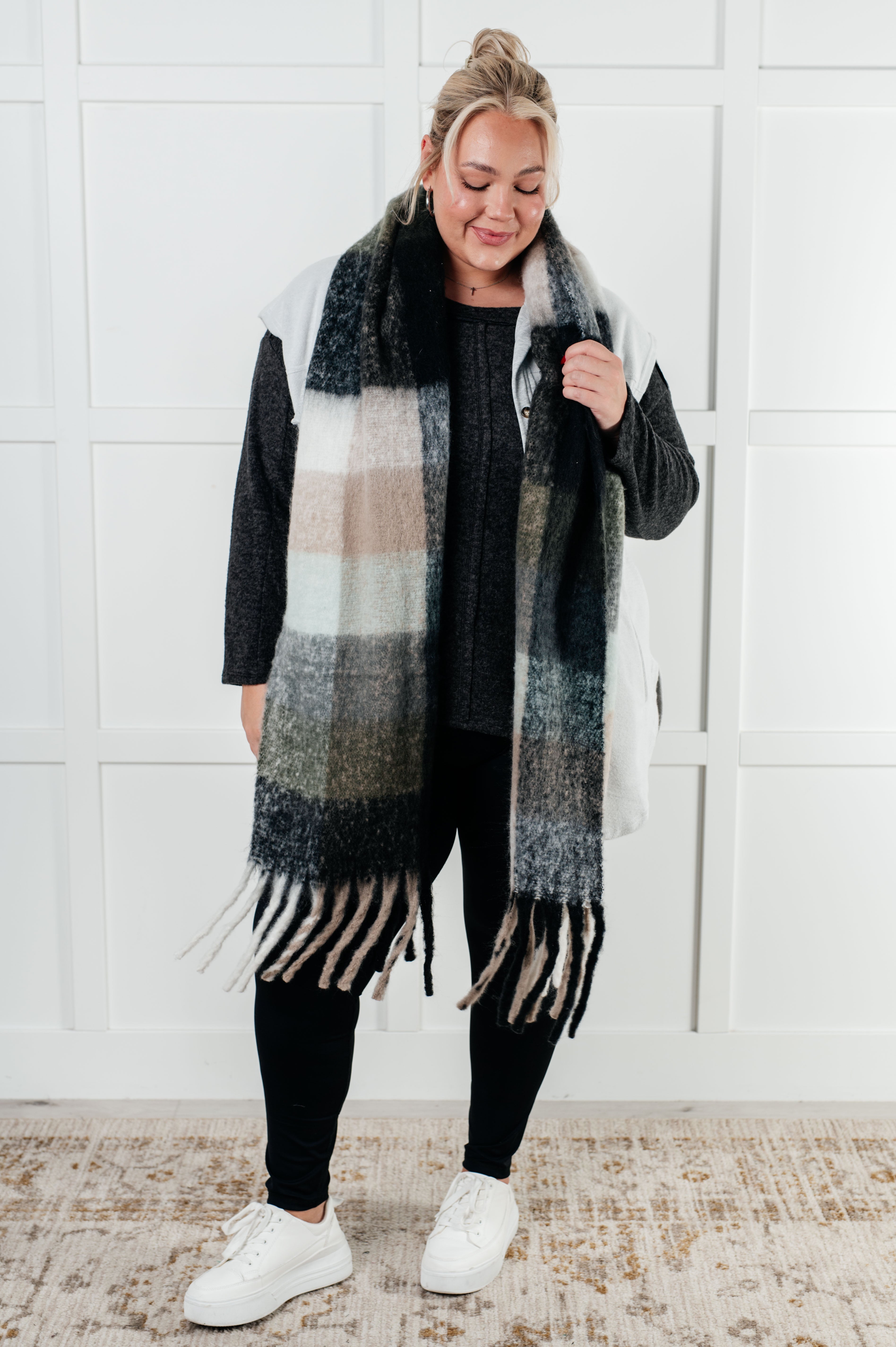 Wanderlust Wrap Oversized Plaid Fringe Scarf in Grey and Jade Accessories Ave Shops- Tilden Co.
