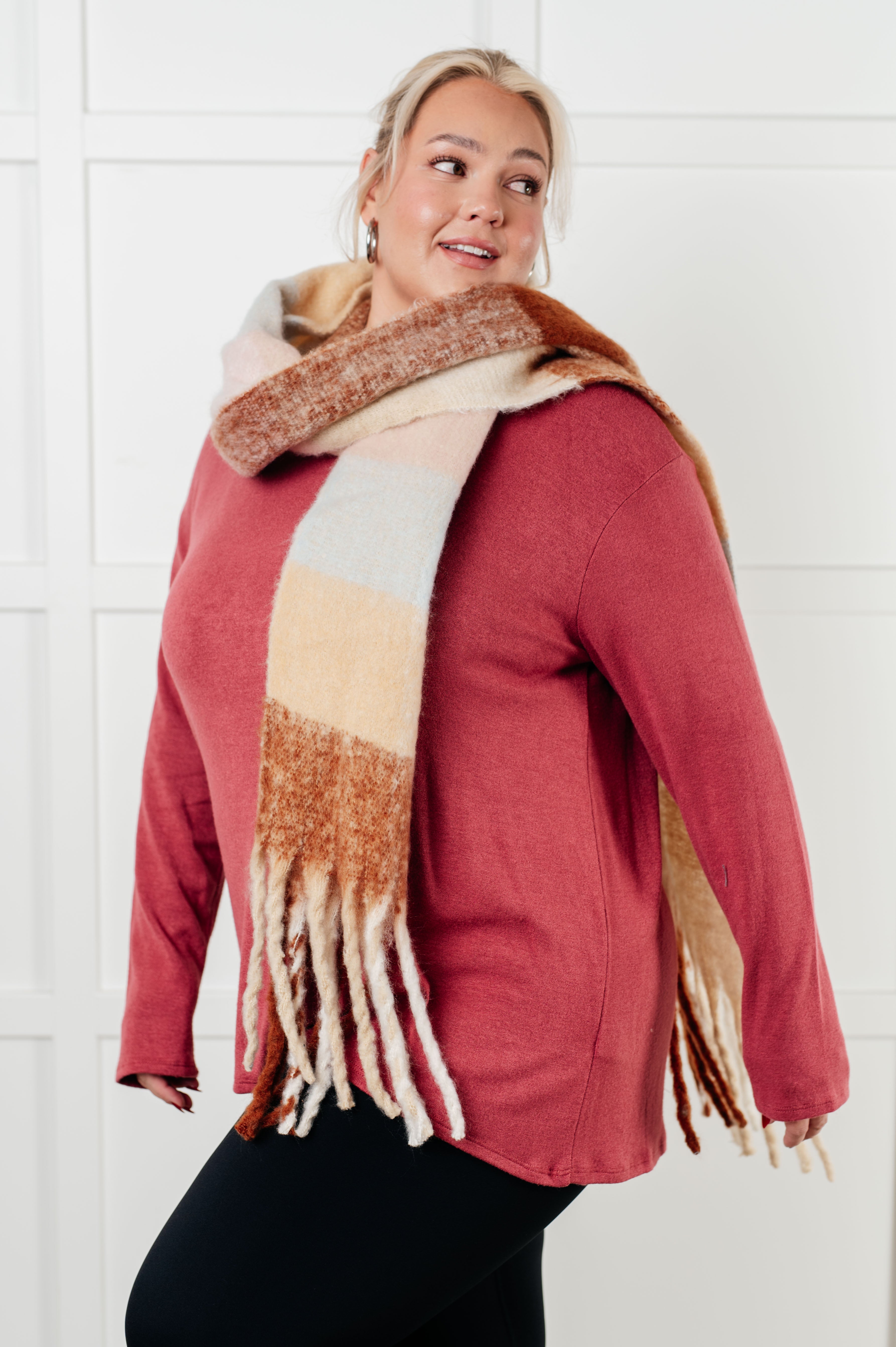 Wanderlust Wrap Oversized Plaid Fringe Scarf in Light Brown Accessories Ave Shops- Tilden Co.
