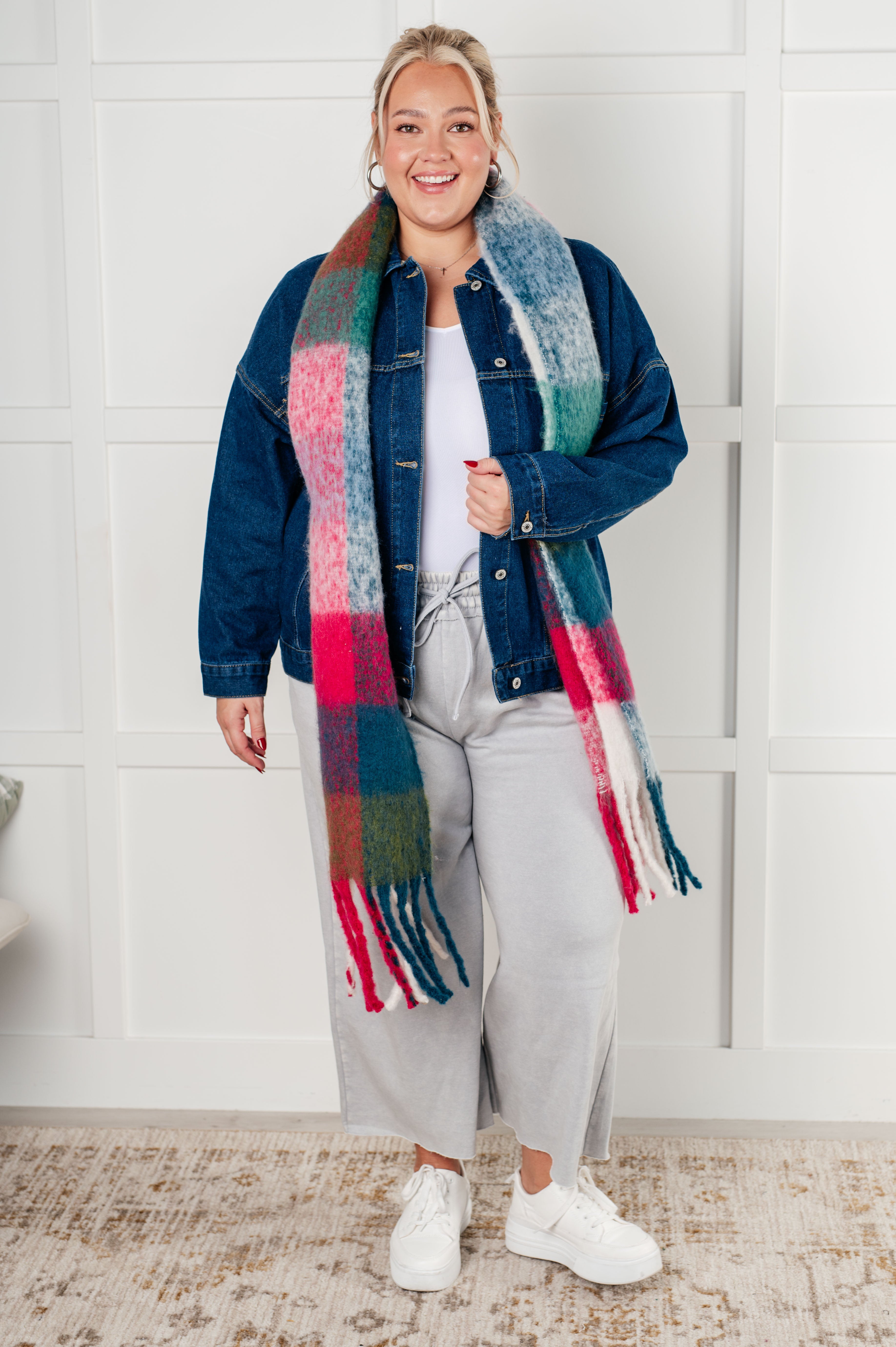 Wanderlust Wrap Oversized Plaid Fringe Scarf in Magenta and Teal Accessories Ave Shops- Tilden Co.