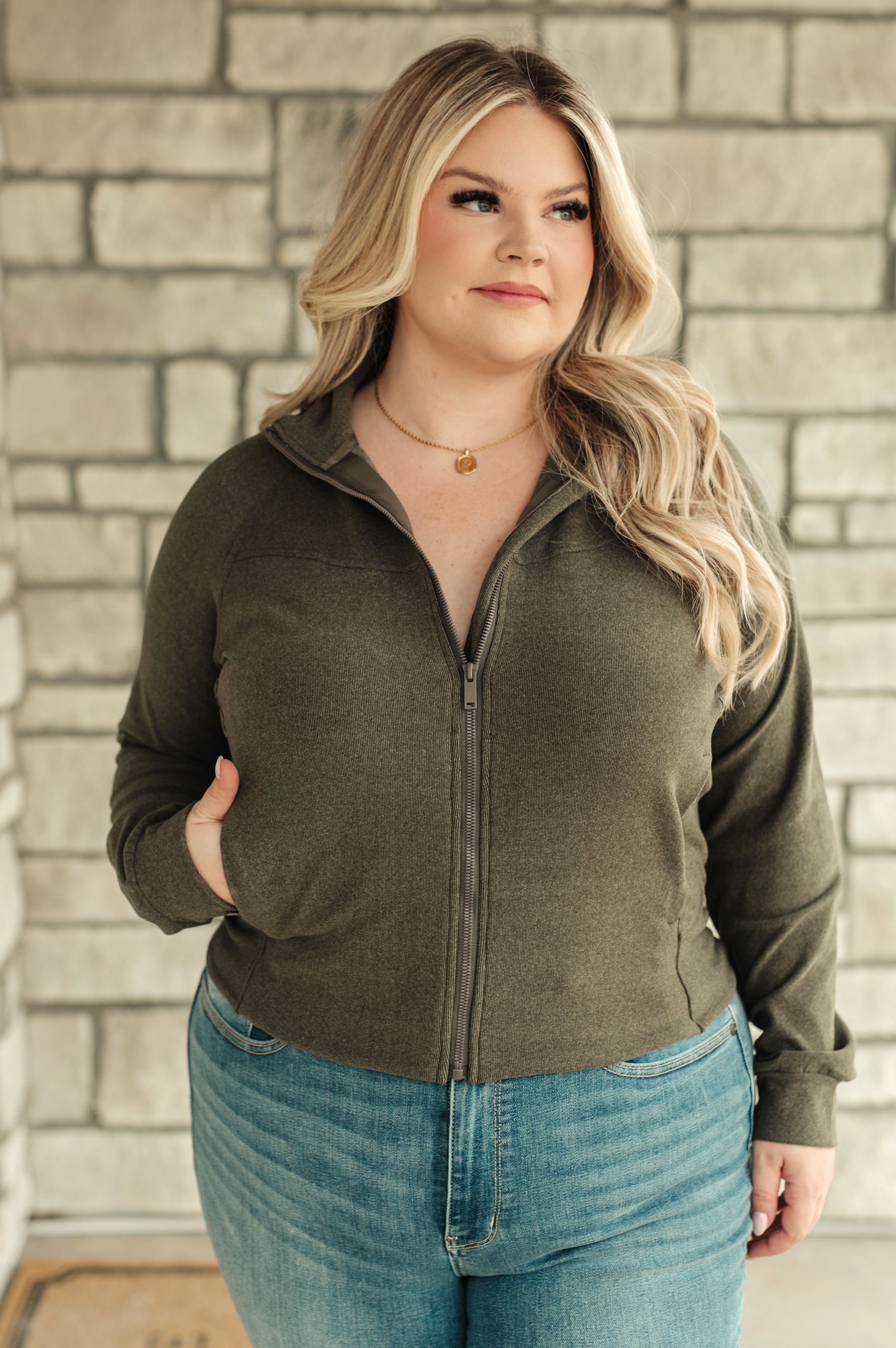 Where Are You Zip Up Jacket in Olive Layers Ave Shops- Tilden Co.
