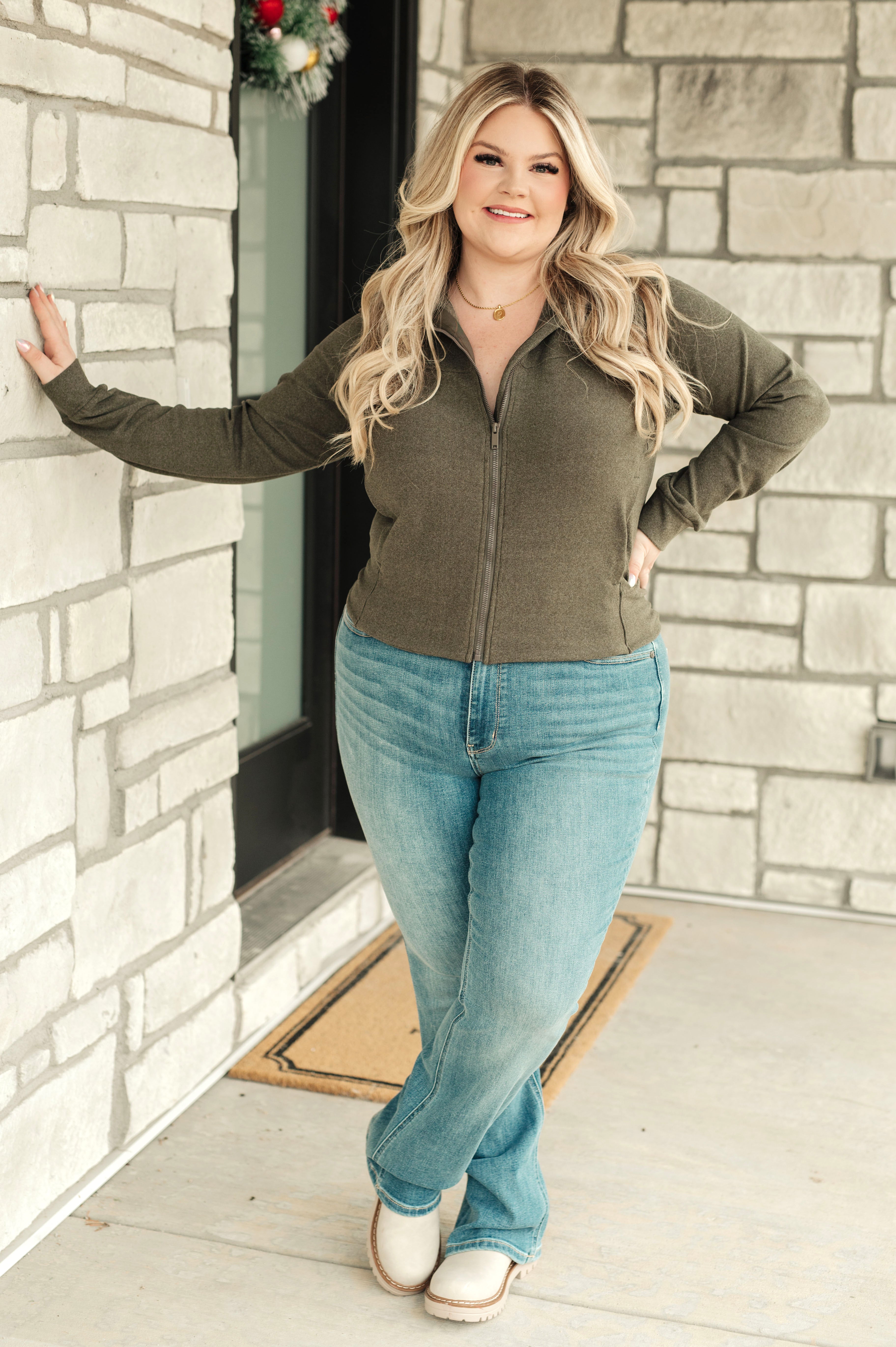 Where Are You Zip Up Jacket in Olive Layers Ave Shops- Tilden Co.