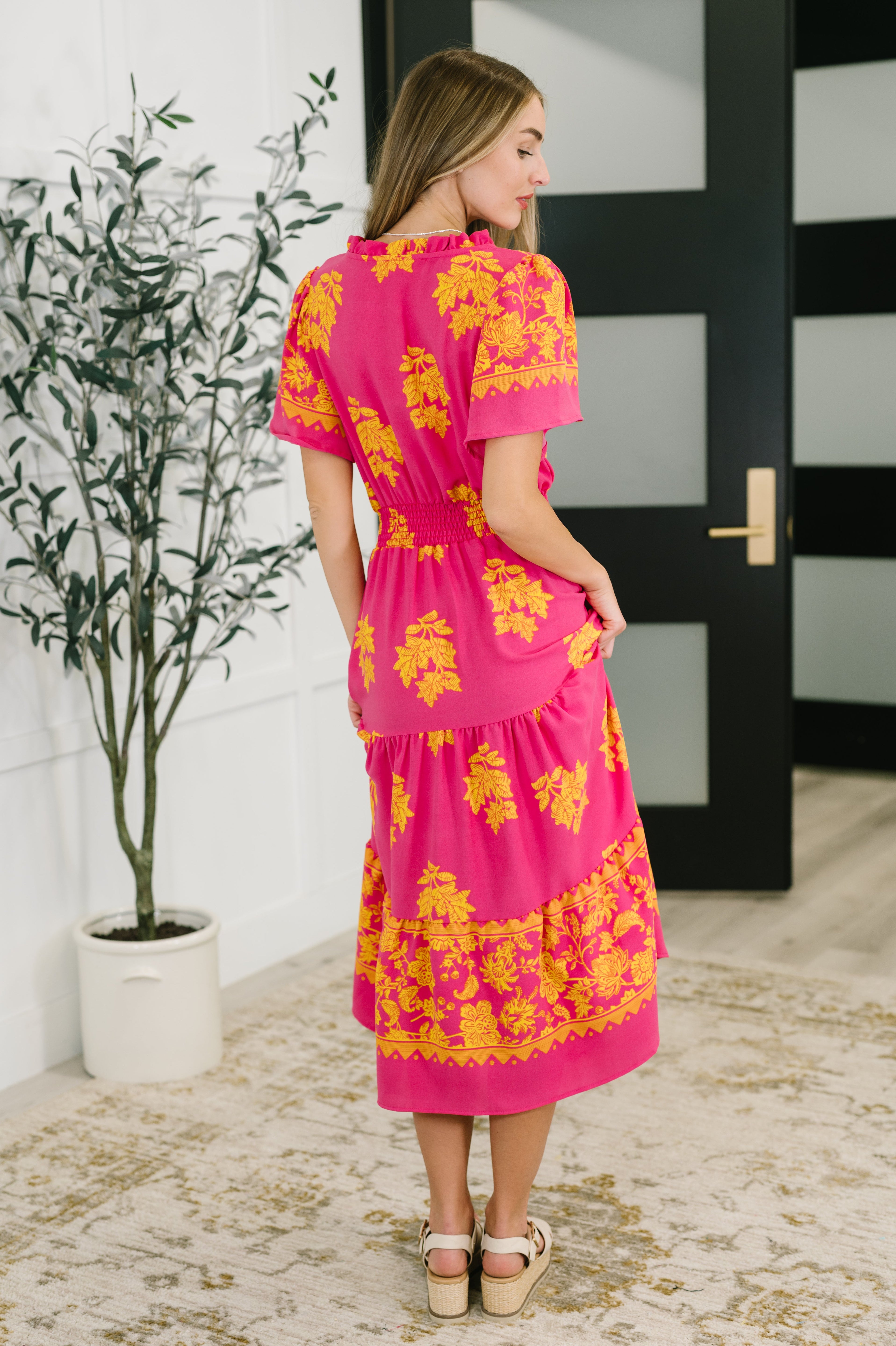 Whispering Willow V-Neck Dress in Fuchsia Midi Dress Ave Shops- Tilden Co.