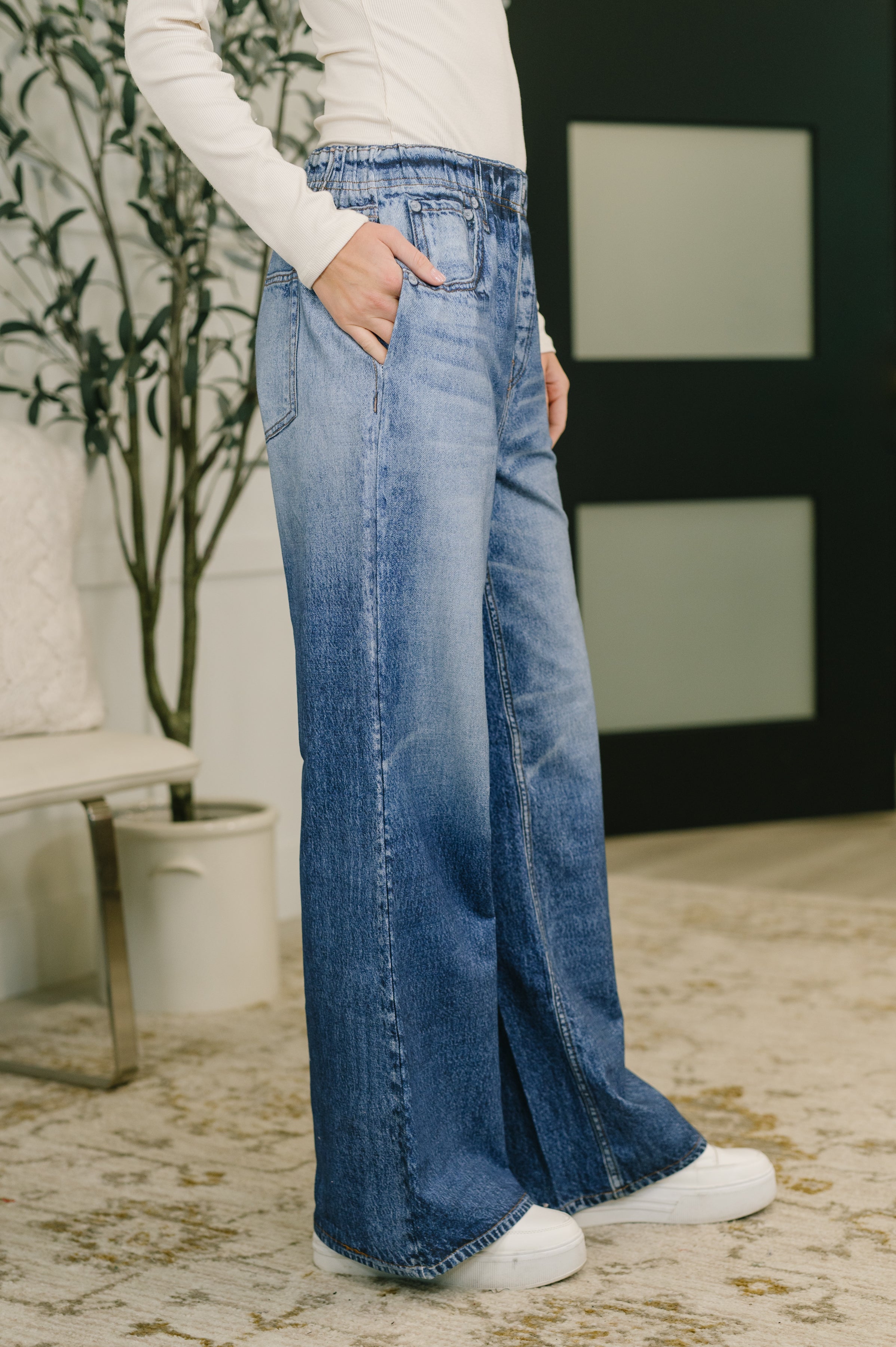Zenim Printed Wide Leg Bottoms Jeans Ave Shops- Tilden Co.