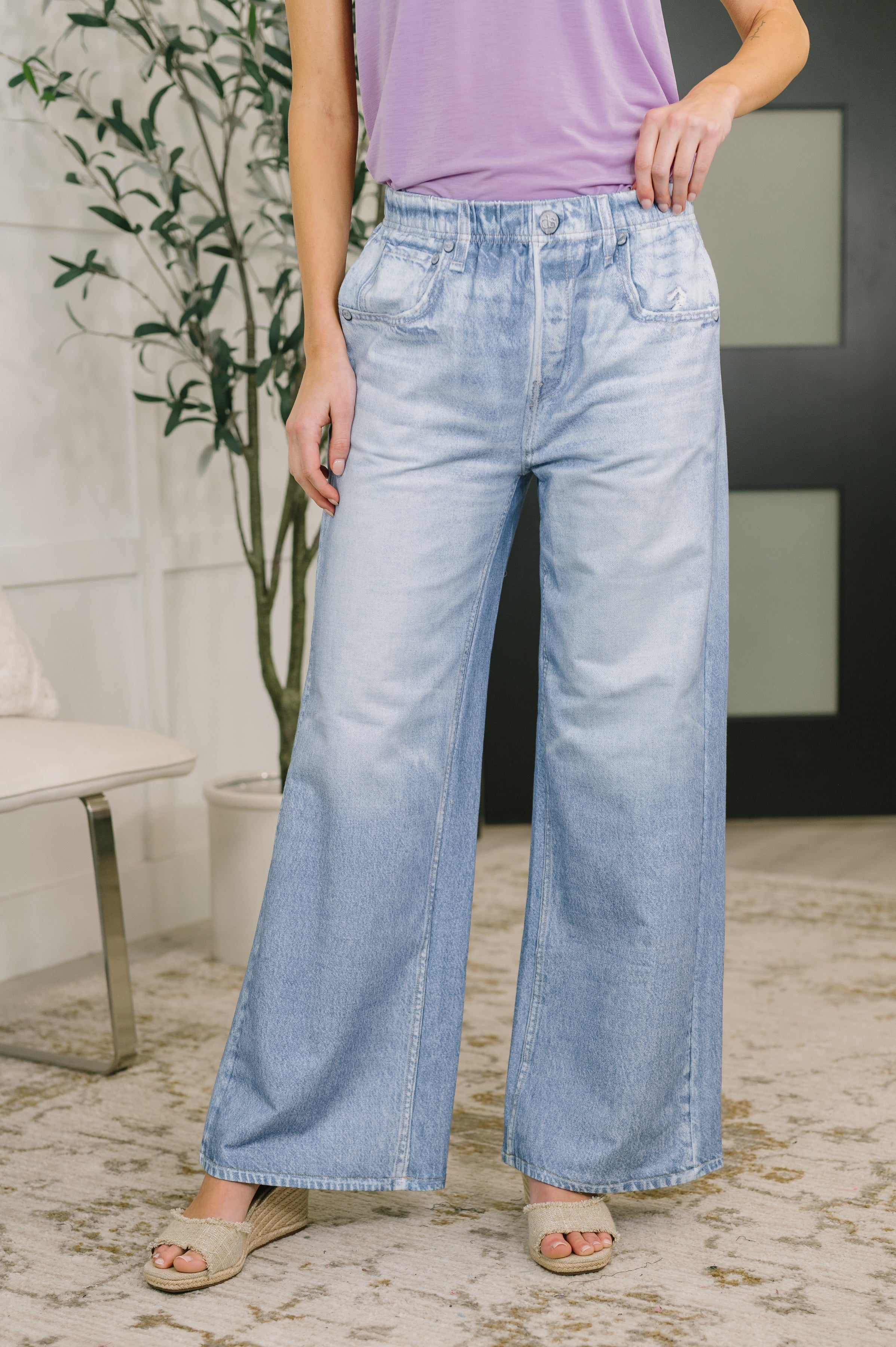 Zenim Printed Wide Leg Bottoms in Light Wash Jeans Ave Shops- Tilden Co.
