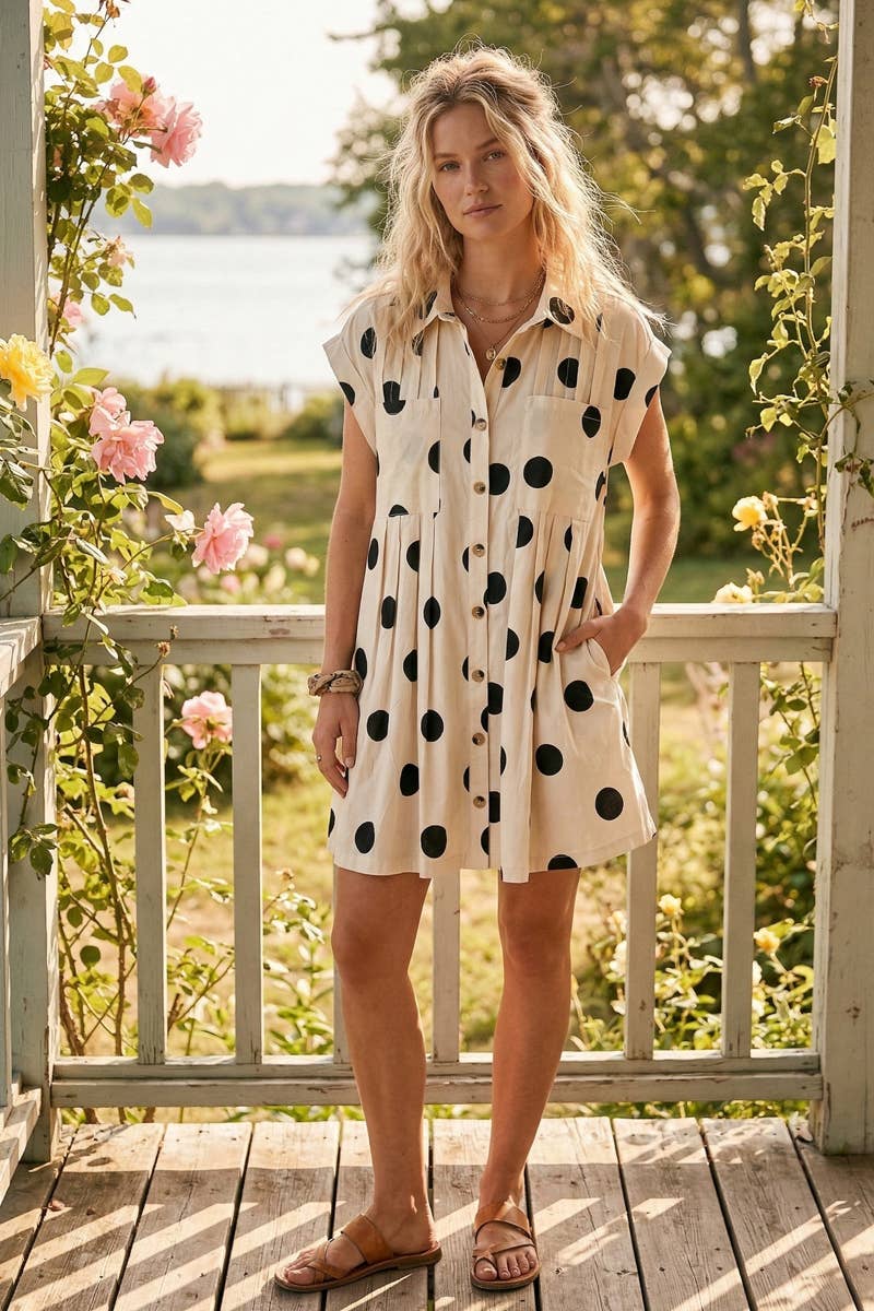 Polka Dot Button Down Mini Dress Small Small Knee Length Dress Sewn and Seen- Tilden Co.