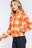 Mock Neck Argyle Print Faux Fur Jacket Orange / Small Orange Small Coats & Jackets Active Basic | Active USA- Tilden Co.