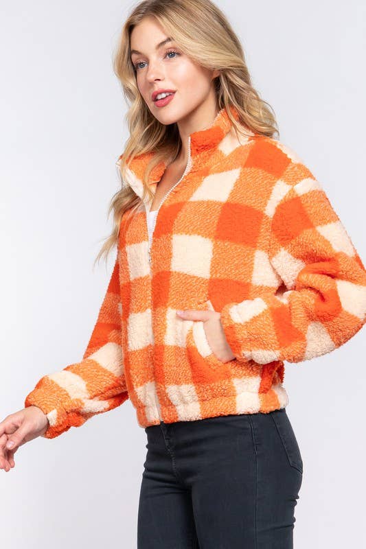 Mock Neck Argyle Print Faux Fur Jacket Orange / Small Orange Small Coats & Jackets Active Basic | Active USA- Tilden Co.