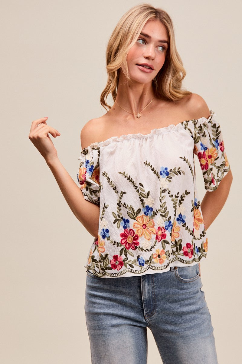 Floral Embroidered Two Way Off The Shoulder Blouse Blouse so me- Tilden Co.