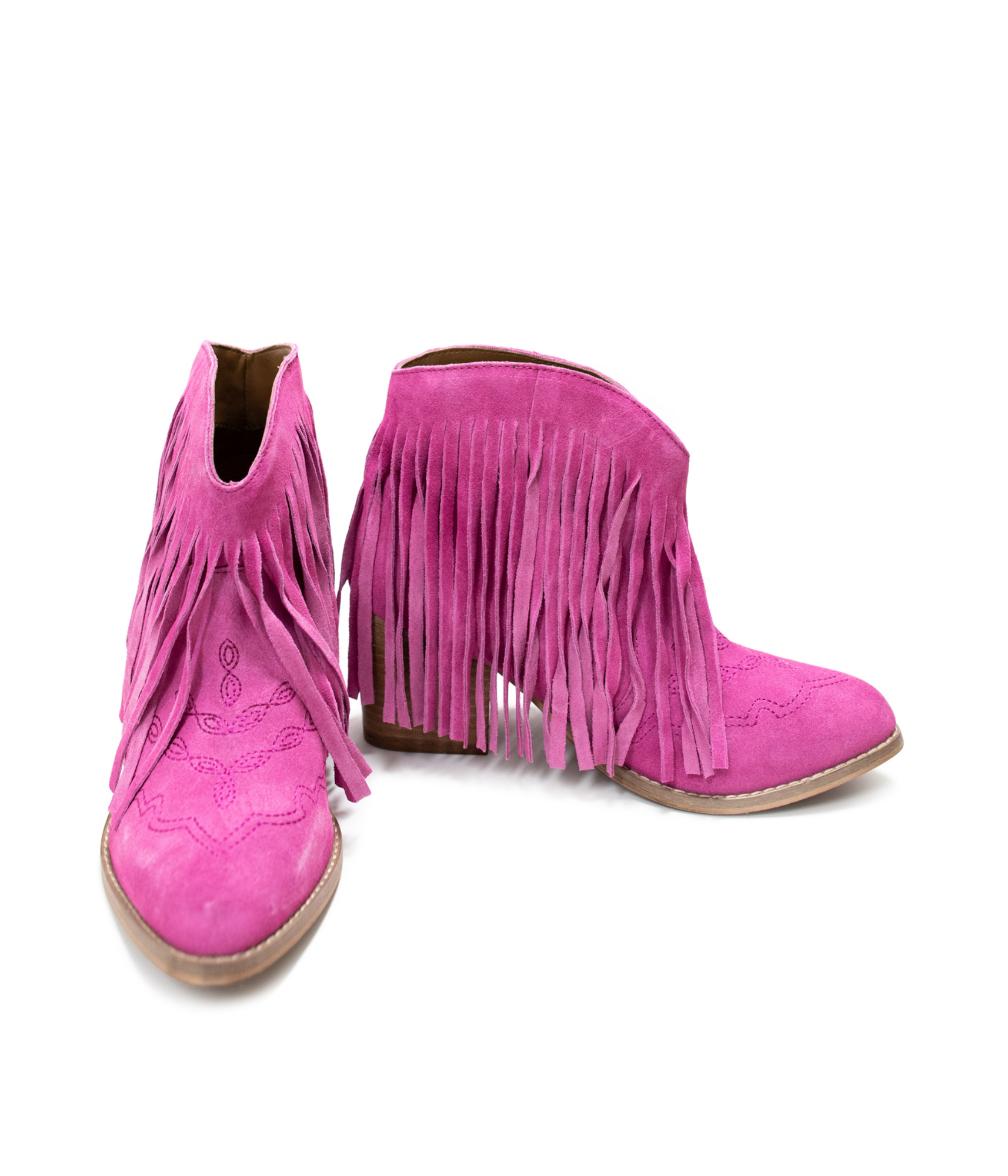 Amos Fringe Ankle Bootie in Magenta Suede 110 Fashion Boots Naughty Monkey- Tilden Co.