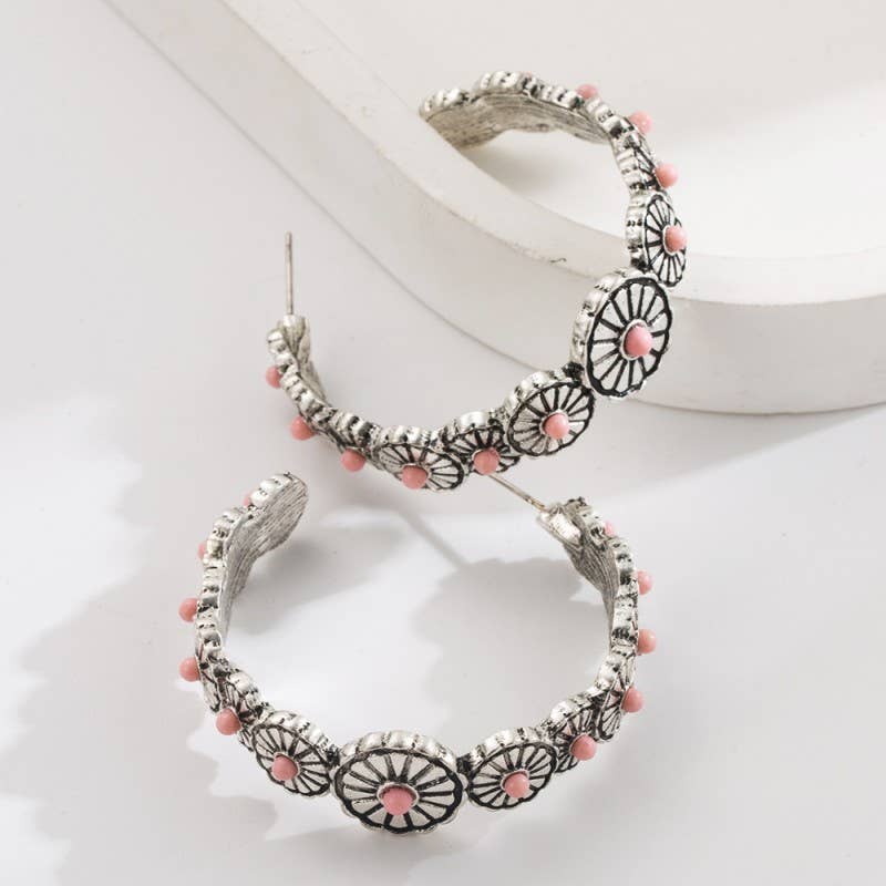 WESTERN TURQ STONE HOOP EARRINGS | 40E432 Pink Pink Earrings JOSSLYN by wall to wall- Tilden Co.