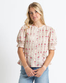 Deidra Floral Printed Short Sleeve Blouse with Ruffles Blouse Downeast- Tilden Co.