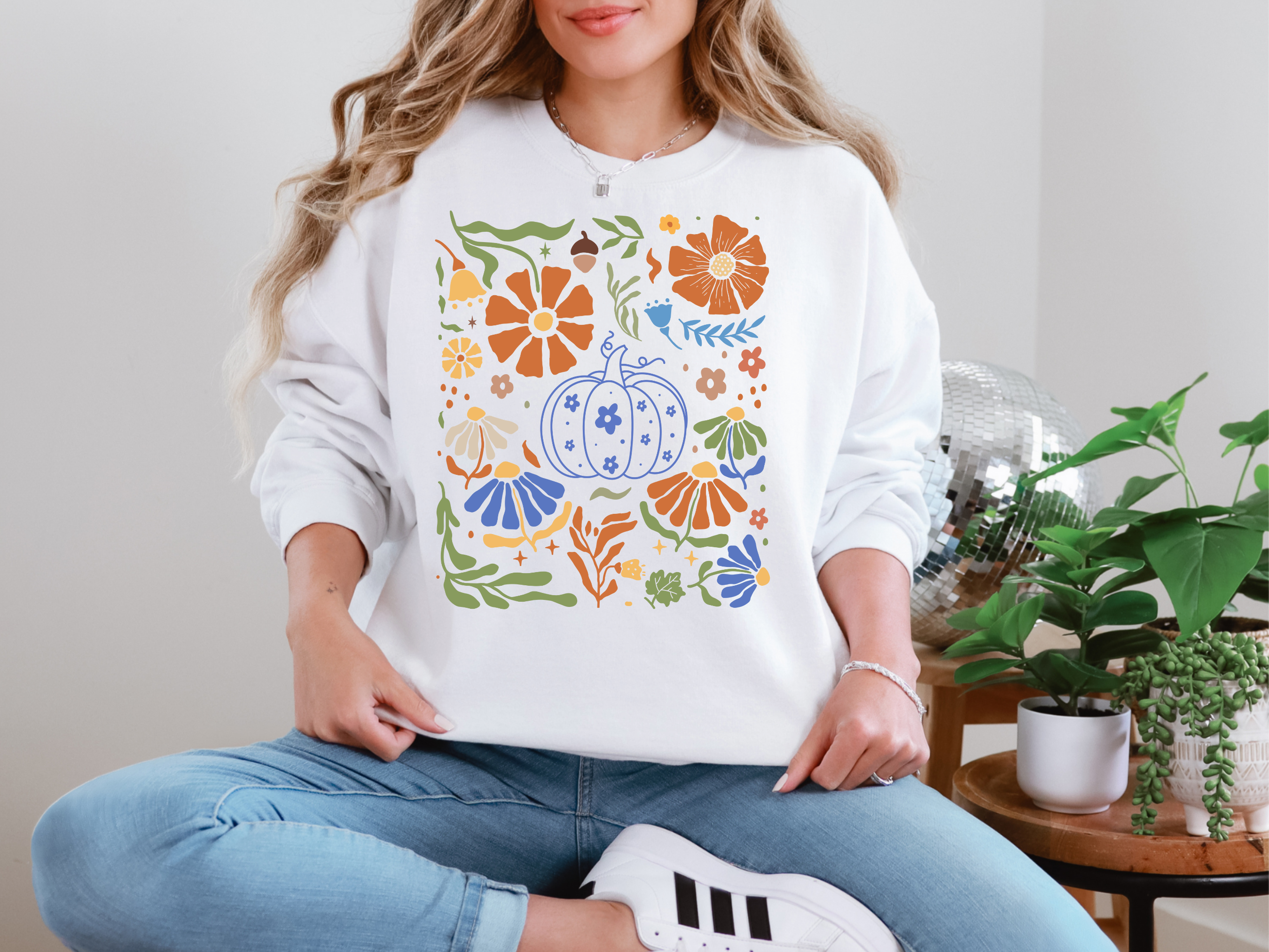Blue Floral Pumpkin Sweatshirt in Two Colors Womens Ave Shops- Tilden Co.