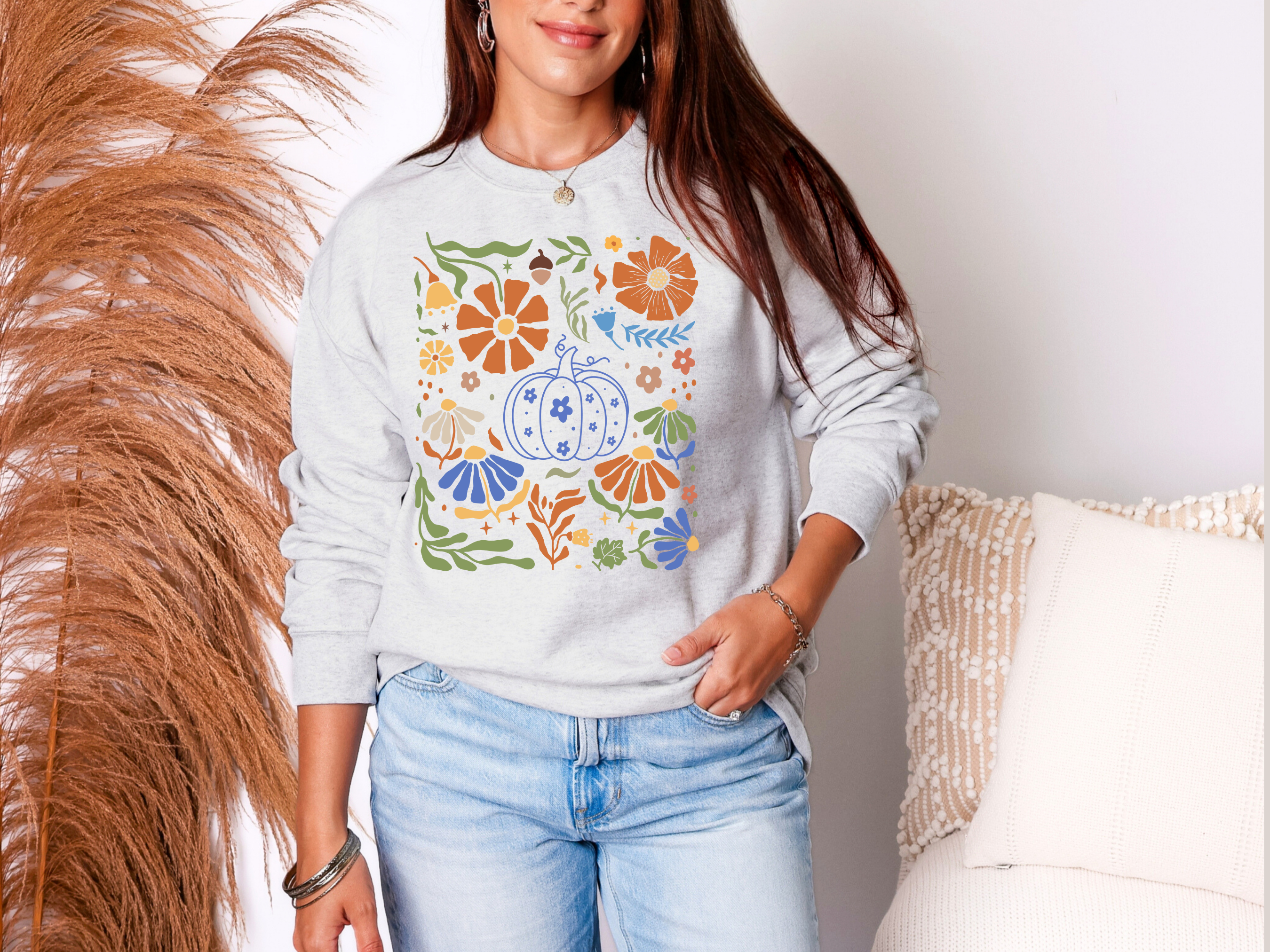 Blue Floral Pumpkin Sweatshirt in Two Colors Womens Ave Shops- Tilden Co.