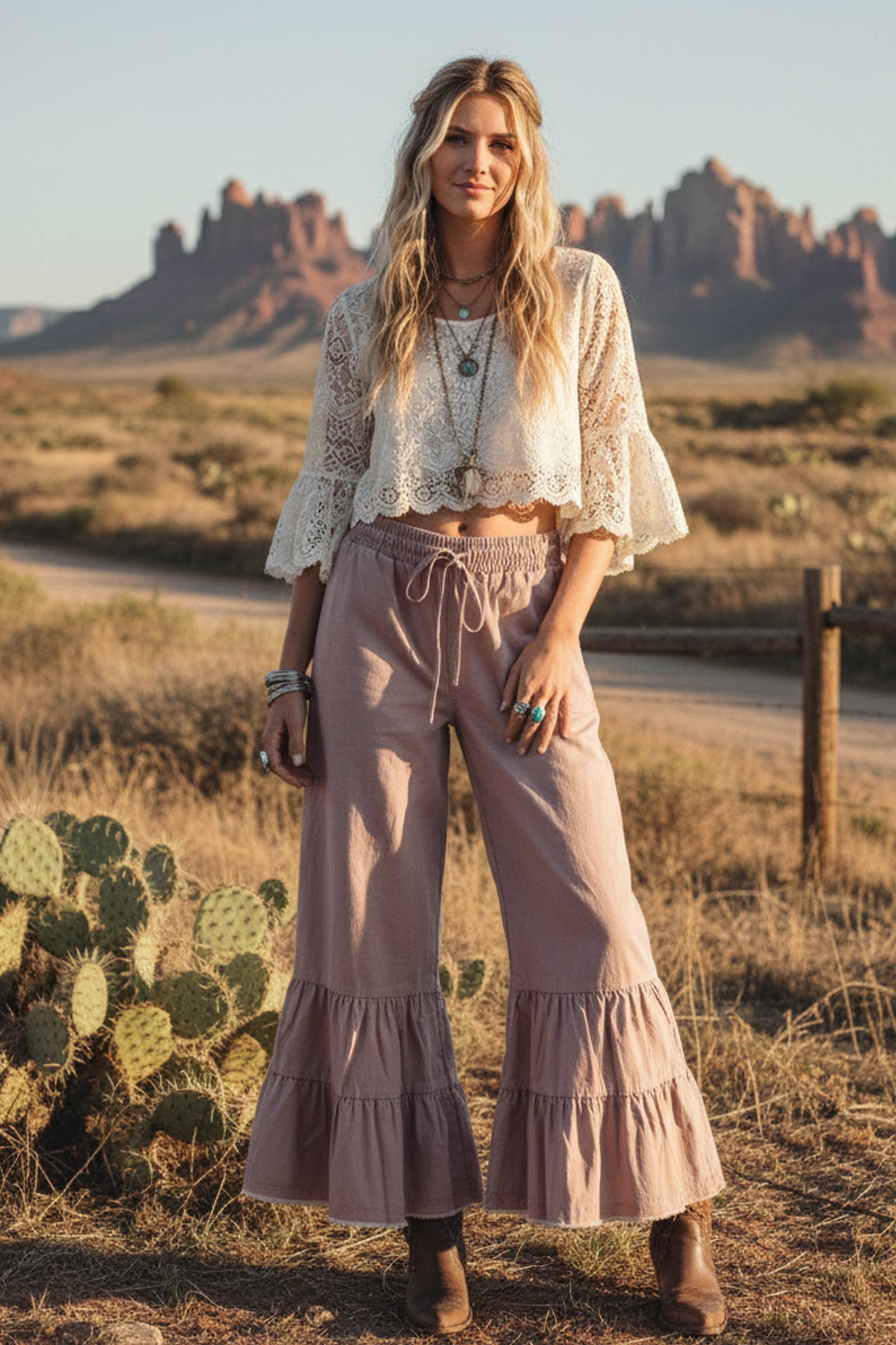 Dusty Mauve Ruffle Wide Leg Pants Small Small Pants Sewn and Seen- Tilden Co.