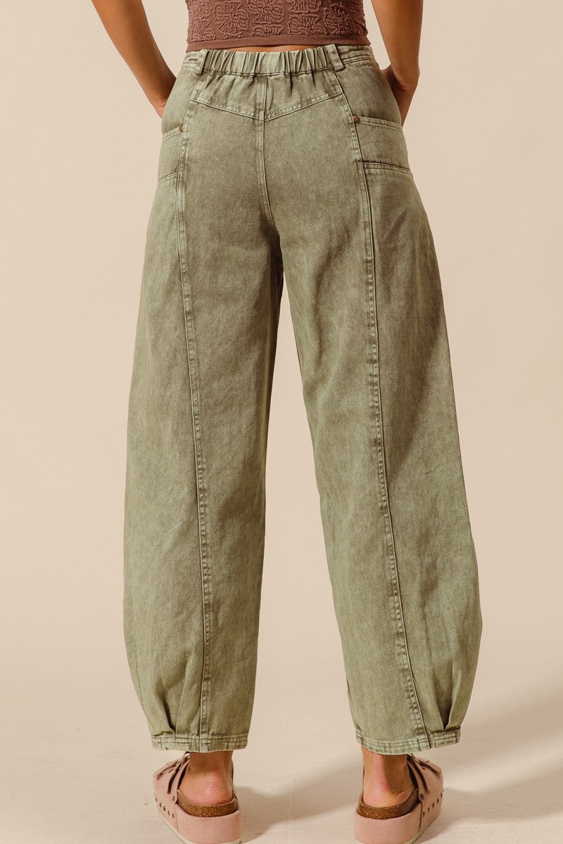 Mineral Washed Mid Rise Barrel Shape Pants Casual Pants so me- Tilden Co.
