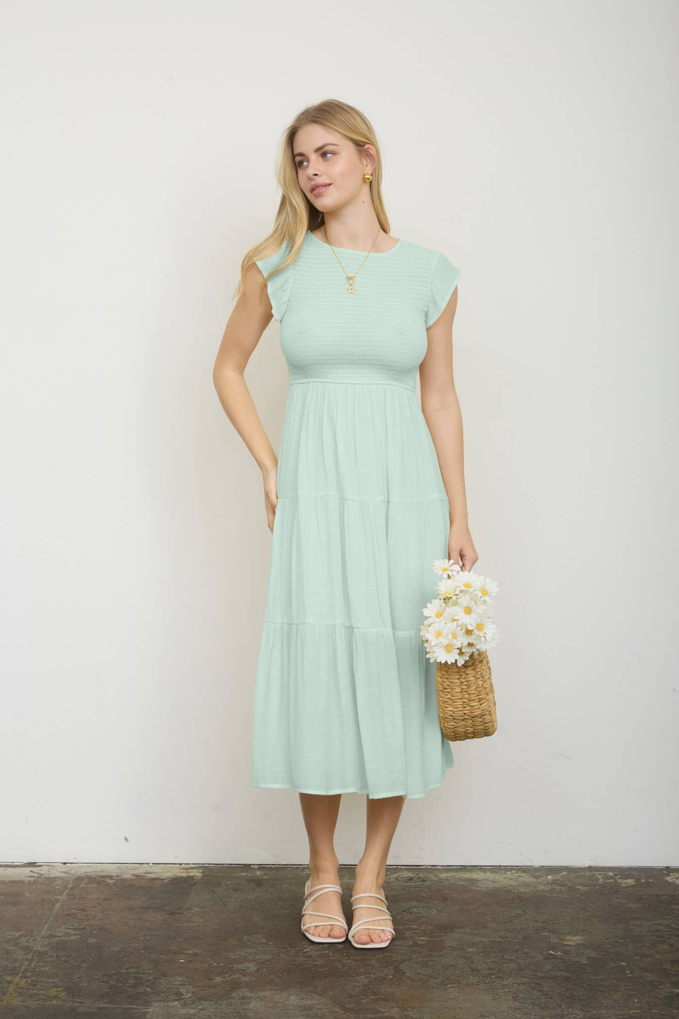 Smocked Tiered Midi Dress Sage / Small Sage Small Midi Dress Blu Pepper- Tilden Co.