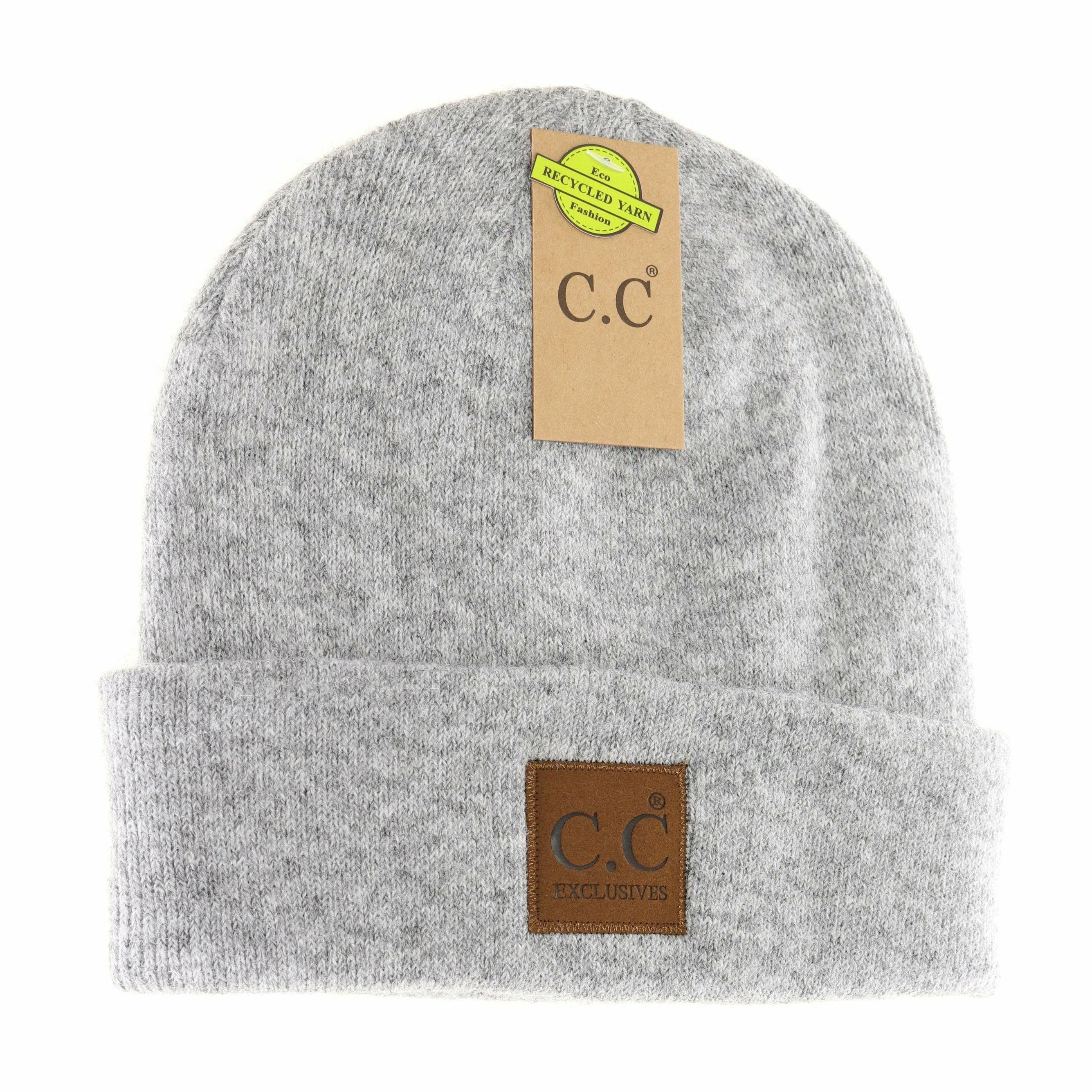 Unisex Soft Ribbed Leather Patch C.C. Beanie Heather Light Grey Heather Light Grey  beanie C.C Beanie- Tilden Co.