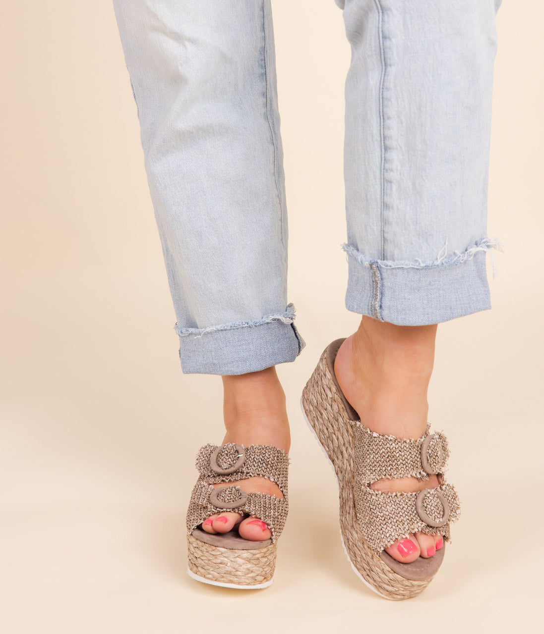Eriwen Buckle Wedge in Taupe 140 Wedges Naughty Monkey- Tilden Co.