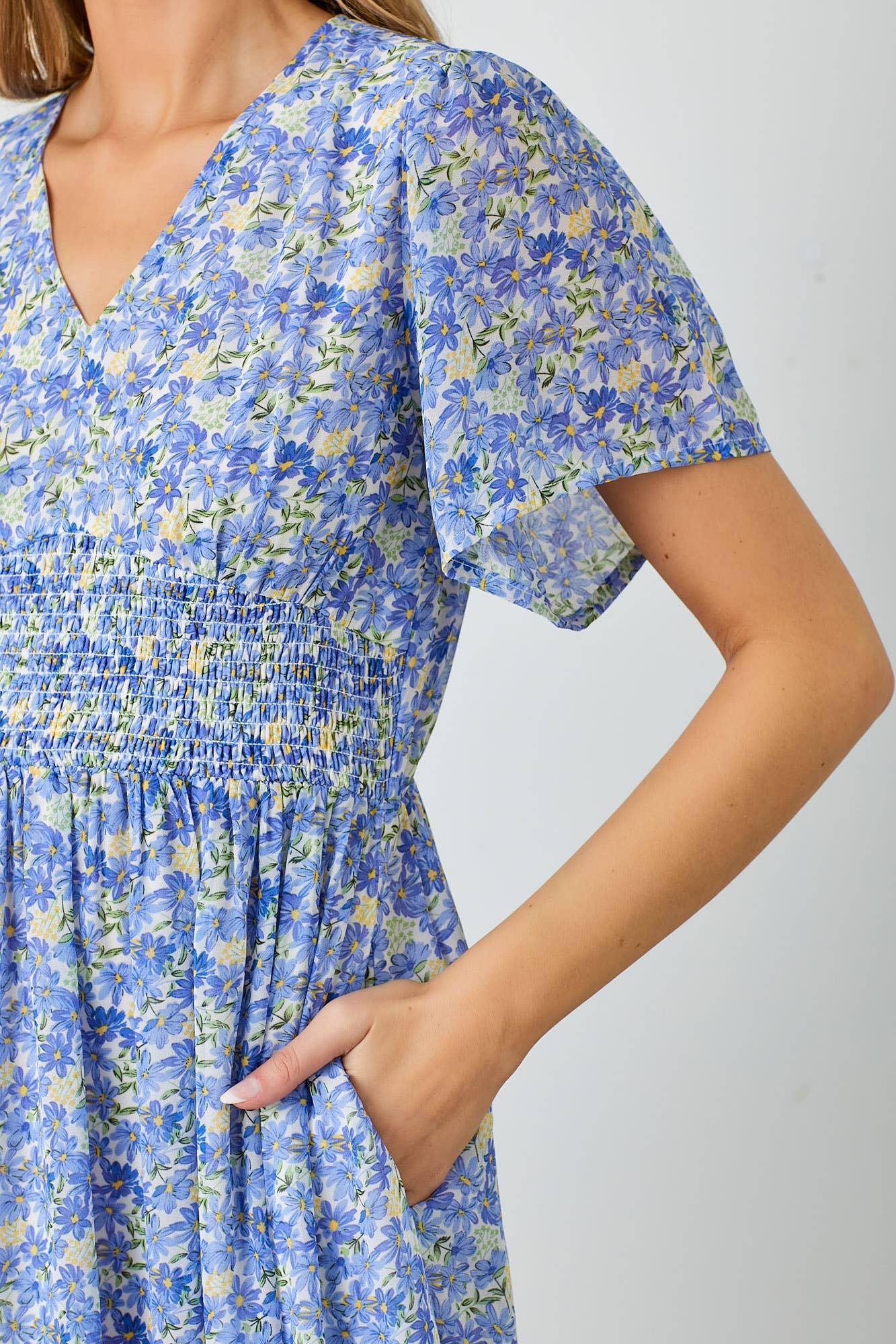 Blue Floral Smocked Waist Dress Midi Dress Polagram by Wellmade USA- Tilden Co.