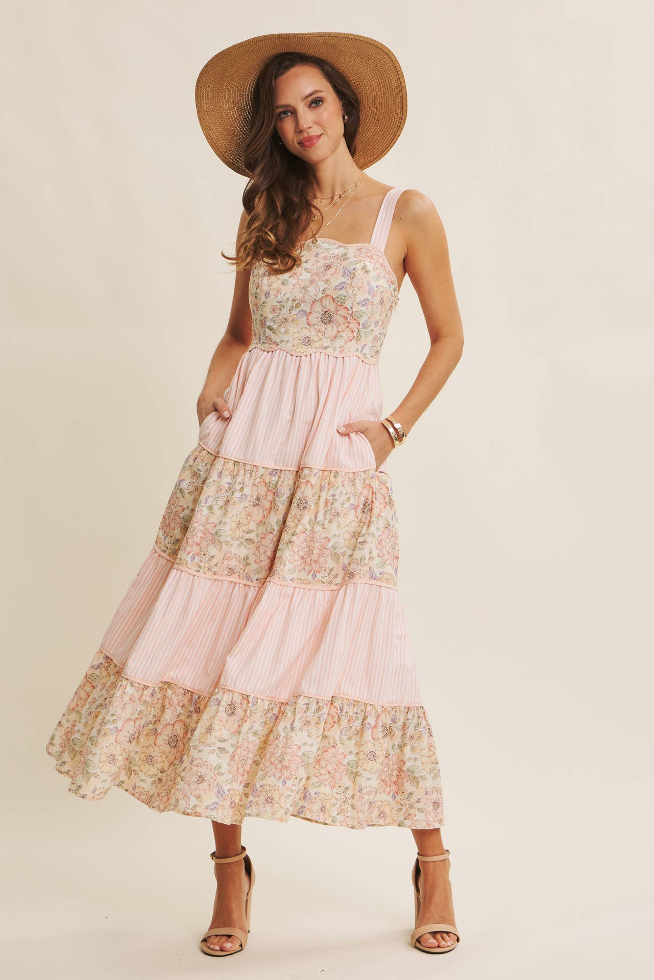 Sunlit Patchwork Tiered Midi Dress Small Small Midi Dress in february- Tilden Co.