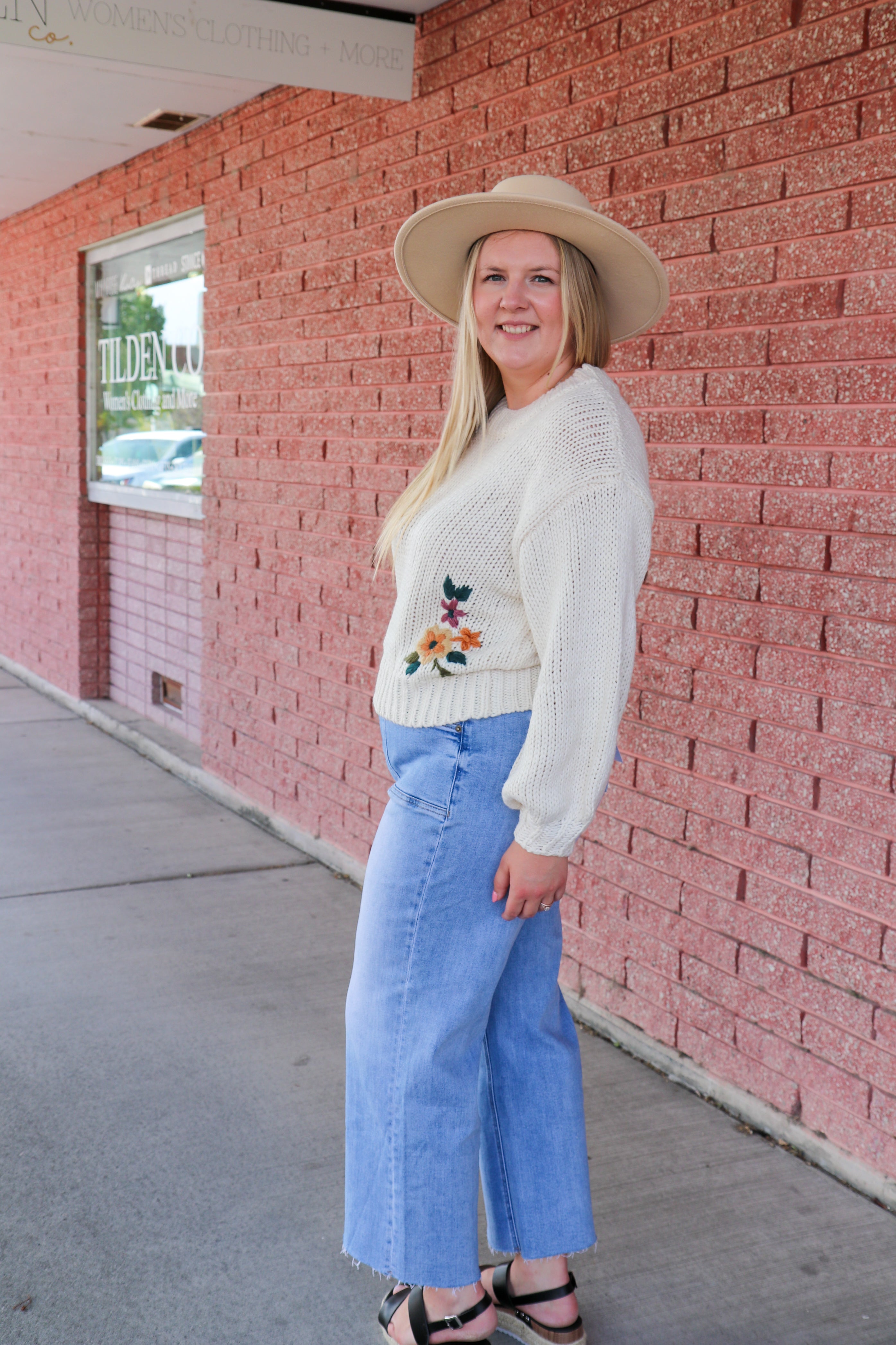 Everly Sweater in Cream Bloom overalls Polagram- Tilden Co.