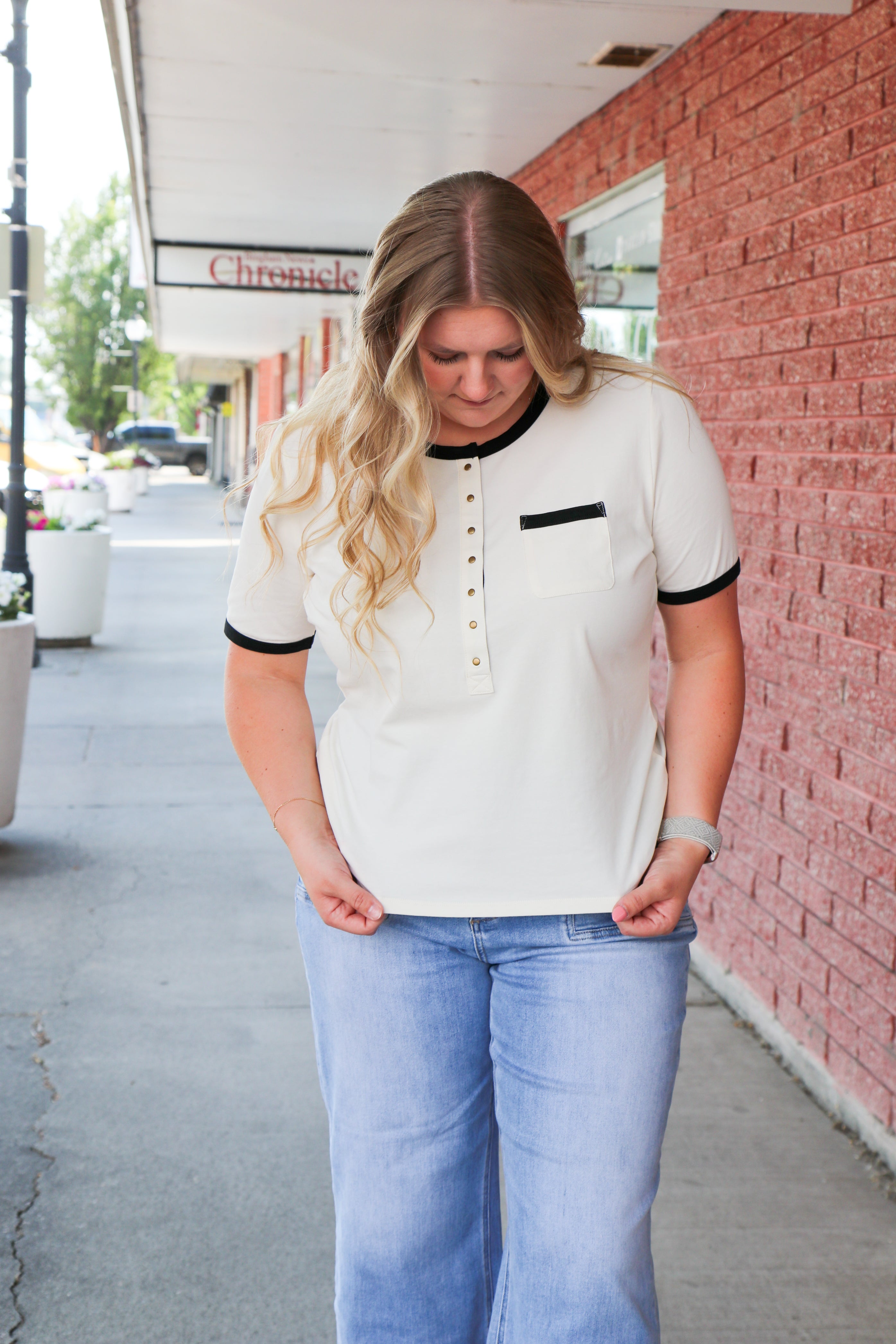 White with Black Trim Short Sleeve Ringer Henley Top Shirts & Tops Downeast- Tilden Co.
